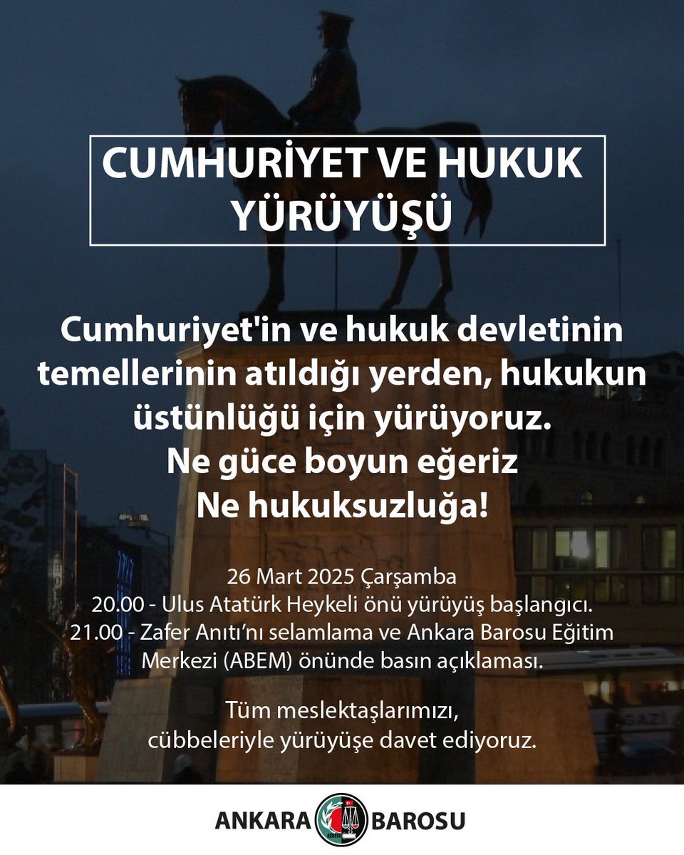 Cumhuriyet ve Hukuk Yürüyüşü'ne Çağrı!

Hukukun, temel hak ve özgürlüklerin aşındırıldığı uygulamalara karşı sesimizi duyurmak için Ulus Atatürk Heykeli’nden Cumhuriyet’in ve çağdaş hukukun temellerinin atıldığı Birinci Meclis’i selamlayıp, bağımsızlığımızın sembolü Zafer