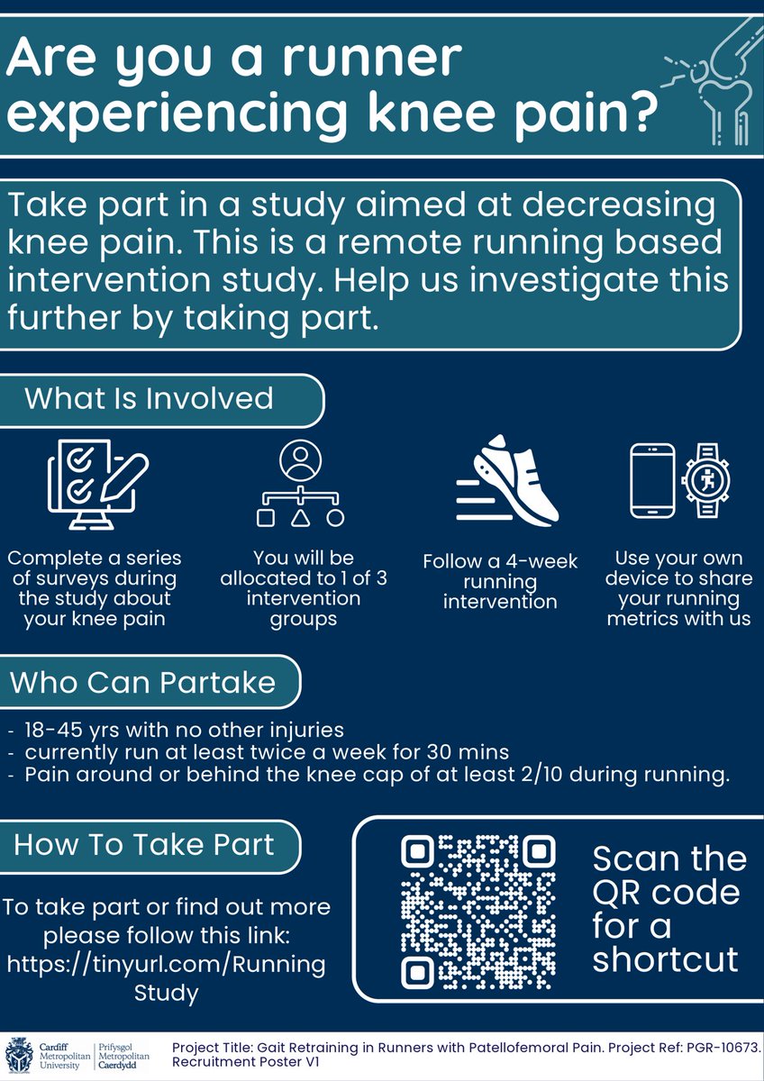 Researchers from CardiffMet are looking for runners with knee pain! Is this you? If so, scan the QR code for details 👌🏻