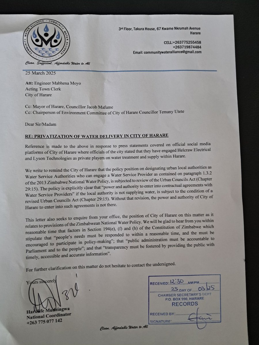 Hardlife Mudzingwa (@hardie1982) on Twitter photo We content that <a href="/cityofharare2/">City Of Harare SunshineCity</a> has no legal power and authority to engage Helcraw Electrical and Lyson Technologies as private players on water treatment and supply within Harare. <a href="/advocatemahere/">Fadzayi Mahere🇿🇼</a> <a href="/advocatemahere/">Fadzayi Mahere🇿🇼</a> <a href="/fortunechasi/">Fortune Chasi</a> <a href="/CWAZimbabwe/">Community Water Alliance</a> <a href="/NewsHawksLive/">TheNewsHawks</a> <a href="/NewsDayZimbabwe/">NewsDay Zimbabwe</a> We content that <a href="/cityofharare2/">City Of Harare SunshineCity</a> has no legal power and authority to engage Helcraw Electrical and Lyson Technologies as private players on water treatment and supply within Harare. <a href="/advocatemahere/">Fadzayi Mahere🇿🇼</a> <a href="/advocatemahere/">Fadzayi Mahere🇿🇼</a> <a href="/fortunechasi/">Fortune Chasi</a> <a href="/CWAZimbabwe/">Community Water Alliance</a> <a href="/NewsHawksLive/">TheNewsHawks</a> <a href="/NewsDayZimbabwe/">NewsDay Zimbabwe</a>