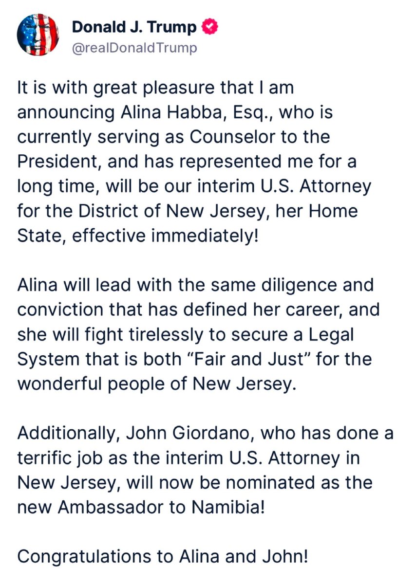 President Trump announced his 1st selection for an ambassadorial post in #Africa,  - John Giordano, who  will be nominated as Ambassador to #Namibia, the president said as he named Alina Habba as interim U.S. attorney for New Jersey, replacing Giordano in the post he assumed in