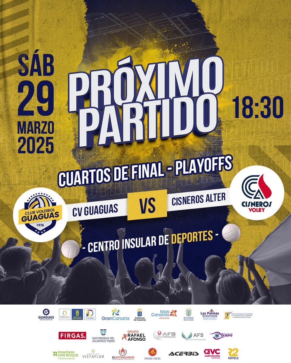 Lo primero, recuerden que en <a href="/GuaguasLPA/">Guaguas Municipales 🇮🇨</a> se llega divinamente. Y es que el sábado está programada una doble sesión de Play-Offsˆ25 en el Centro Insular de Deportes. 

Primero, el <a href="/cvjavolimpico_/">CV JAV Olímpico</a> contra el <a href="/CVSayreMayserGC/">Club Voleibol Sayre Mayser Gran Canaria</a>, y a  las 18.30, un trepidante Guaguas - <a href="/cdcisnerosalter/">cdcisnerosalter</a>