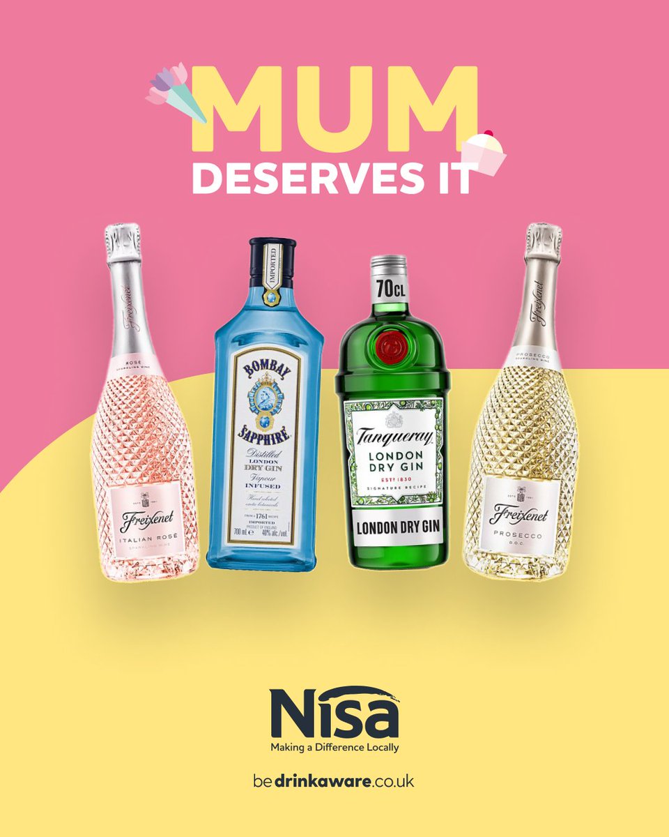 NisaLocally's tweet image. If you're not sure what to get Mum this Mother's Day, let us help!

Find a great range of spirits and wines such as Bombay and Tanqueray Gin, Freixenet Prosecco and Rose at your local Nisa and say cheers to mum for being amazing! 

#Nisalocally #Bombaygin #Tanqueraygin #Friexenet
