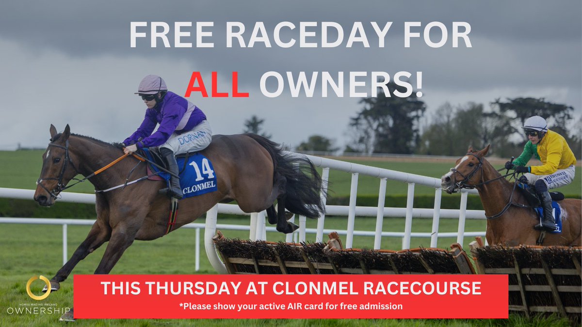 HRI Ownership (@hriowners) on Twitter photo FREE race day for all owners at <a href="/ClonmelR/">ClonmelRaces</a>! π«
You don't need to have a runner, simply present your active AIR card this Thursday 27th March to gain free entry.
#OwnTheMoment FREE race day for all owners at <a href="/ClonmelR/">ClonmelRaces</a>! π«
You don't need to have a runner, simply present your active AIR card this Thursday 27th March to gain free entry.
#OwnTheMoment