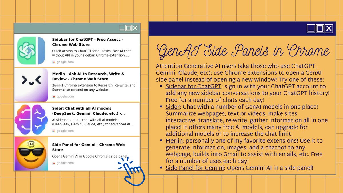 Do you often use generative AI tools like ChatGPT, Gemini, and Claude? Try one or more of these Chrome extensions to enable a Chrome side panel, making it even easier to use your AI personal assistant! #edtechwithheatherlyn