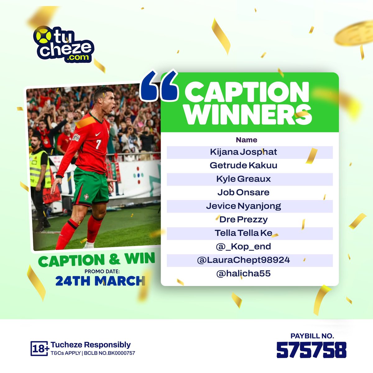 tucheze_com's tweet image. Congratulations to our Caption and Win trivia winners!🥳🥳

Winners, tudm number tuwasort. Kama umehata, keep it locked on Tucheze.com, the Home of Winners! 🏆

#Tucheze #HomeofWinners #triviachallenge