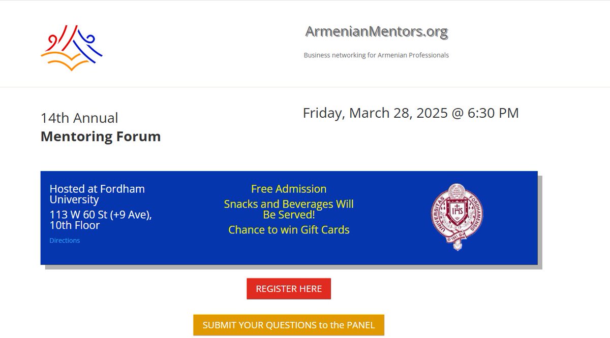 Attention 🇦🇲professionals! Don’t miss the 14th Annual Mentoring Forum on March 28 at Fordham University, NYC. Gain career insights, network with experts &amp; explore industries from finance to healthcare. Free admission. Register now: armenianmentors.org.
#Armenia #networking