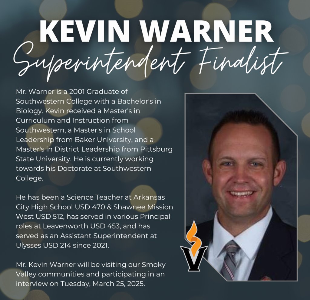 Introducing Mr. Kevin Warner as a Superintendent Finalist interviewing today, Tuesday, March 25, 2925.
