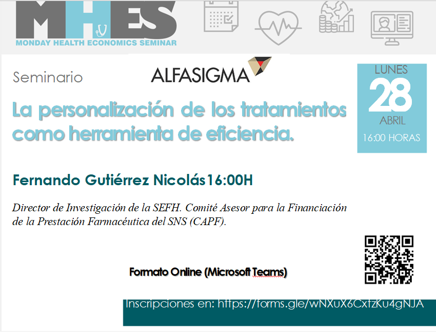 Gieconpsalud UC-IDIVAL (@gieconpsalud) on Twitter photo 📅 ¡Nuevo MHES el 28/04 a las 16h! Fernando Gutiérrez Nicolás hablará sobre la personalización de tratamientos como herramienta de eficiencia. Organiza Cátedra Farmaeconomía e Innovación en Salud <a href="/unican/">Universidad de Cantabria</a> <a href="/alfasigma_esp/">Alfasigma España, S.L.</a> . Inscríbete: forms.gle/oNLejL8jsbw9wQ… 📅 ¡Nuevo MHES el 28/04 a las 16h! Fernando Gutiérrez Nicolás hablará sobre la personalización de tratamientos como herramienta de eficiencia. Organiza Cátedra Farmaeconomía e Innovación en Salud <a href="/unican/">Universidad de Cantabria</a> <a href="/alfasigma_esp/">Alfasigma España, S.L.</a> . Inscríbete: forms.gle/oNLejL8jsbw9wQ…