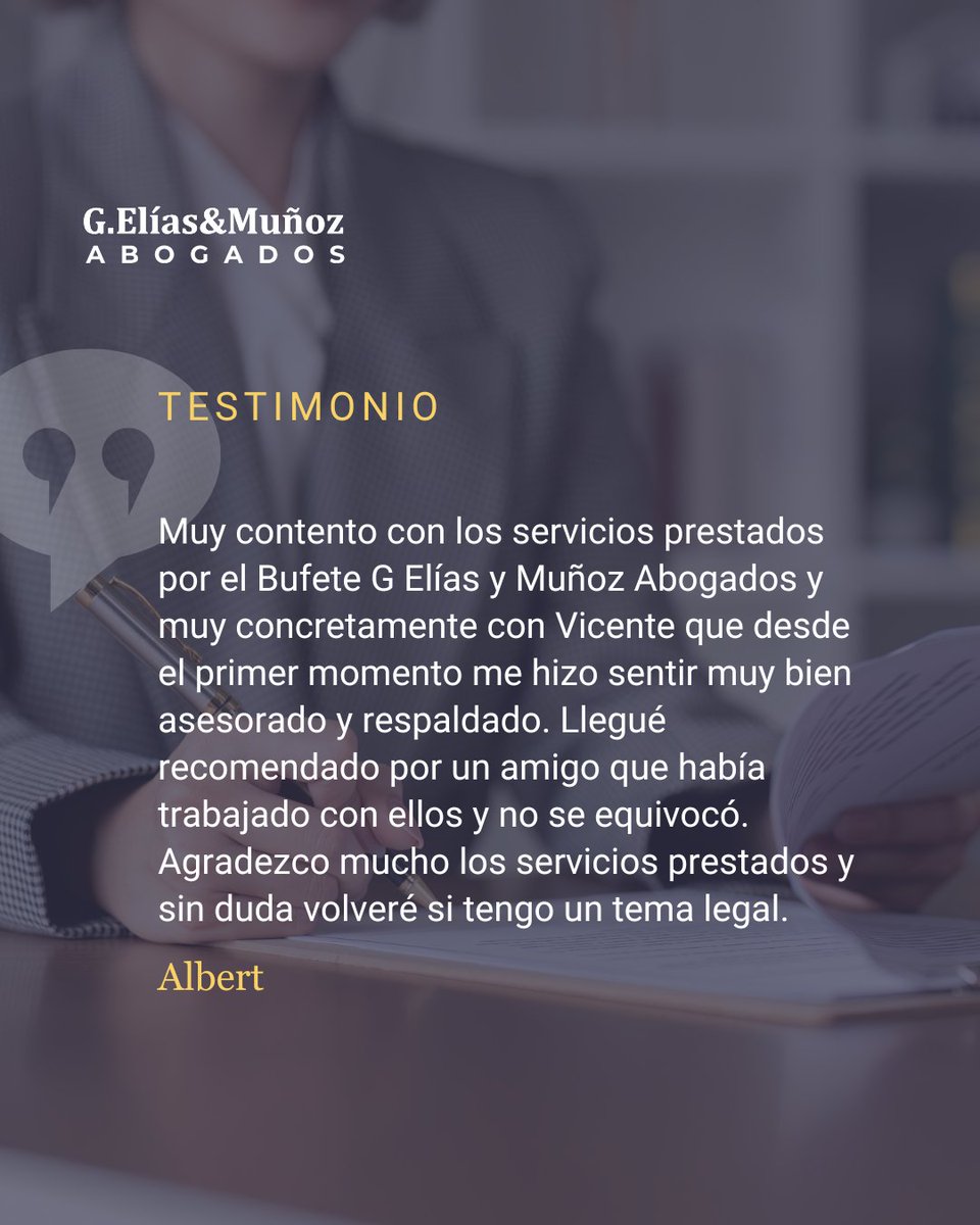 La confianza de nuestros clientes refleja nuestro compromiso con la excelencia jurídica. En G. Elías y Muñoz Abogados, ofrecemos un asesoramiento sólido y personalizado. ⚖️ Si necesitas asistencia legal, estamos aquí para ayudarte.