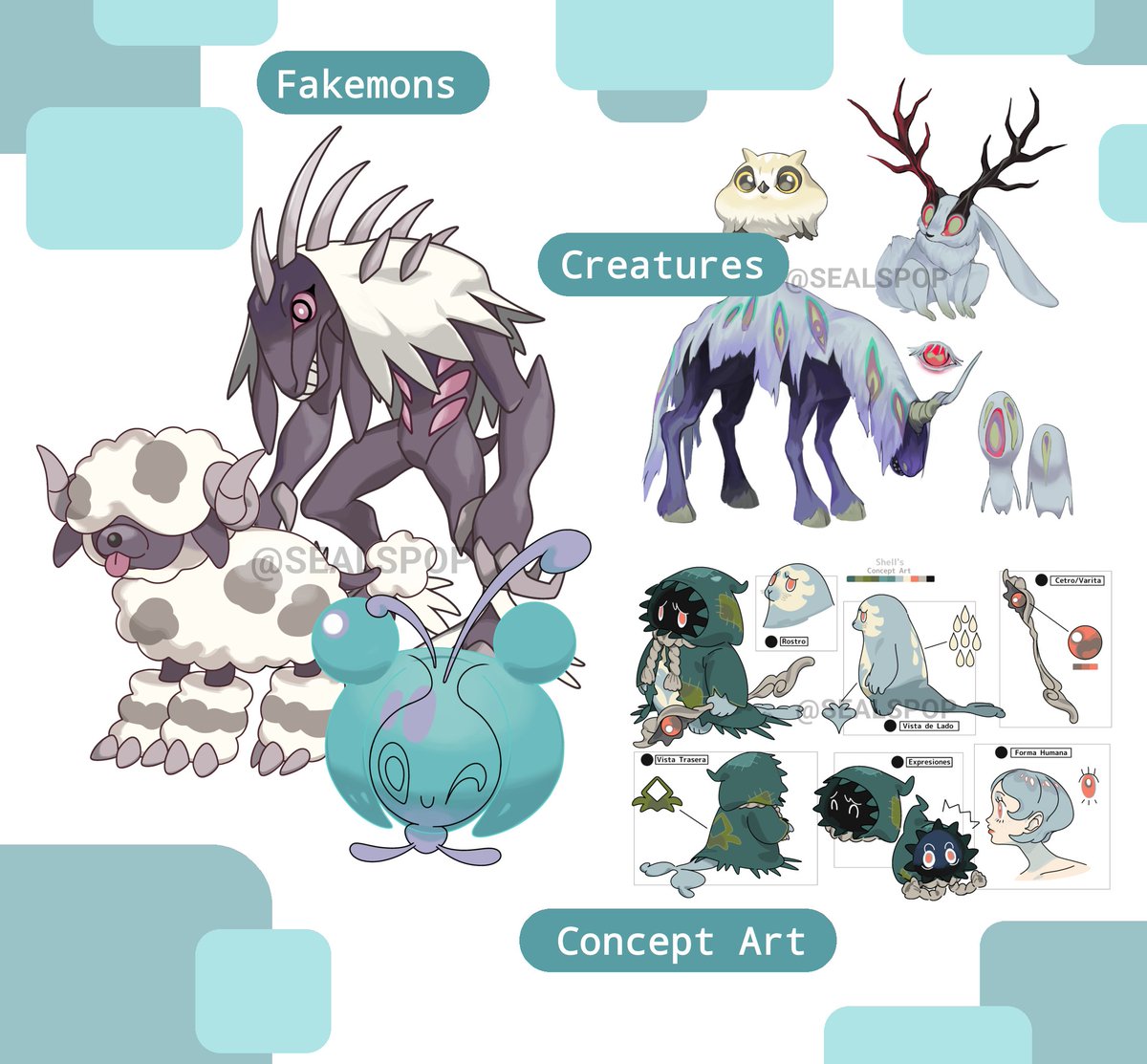 Hi everyone! 🦭
I just wanted to say that I will be starting commissions. Prices will be discussed individually.

Dm me for more information. 🤏
#comissionopen #fakemon 

Here some samples: