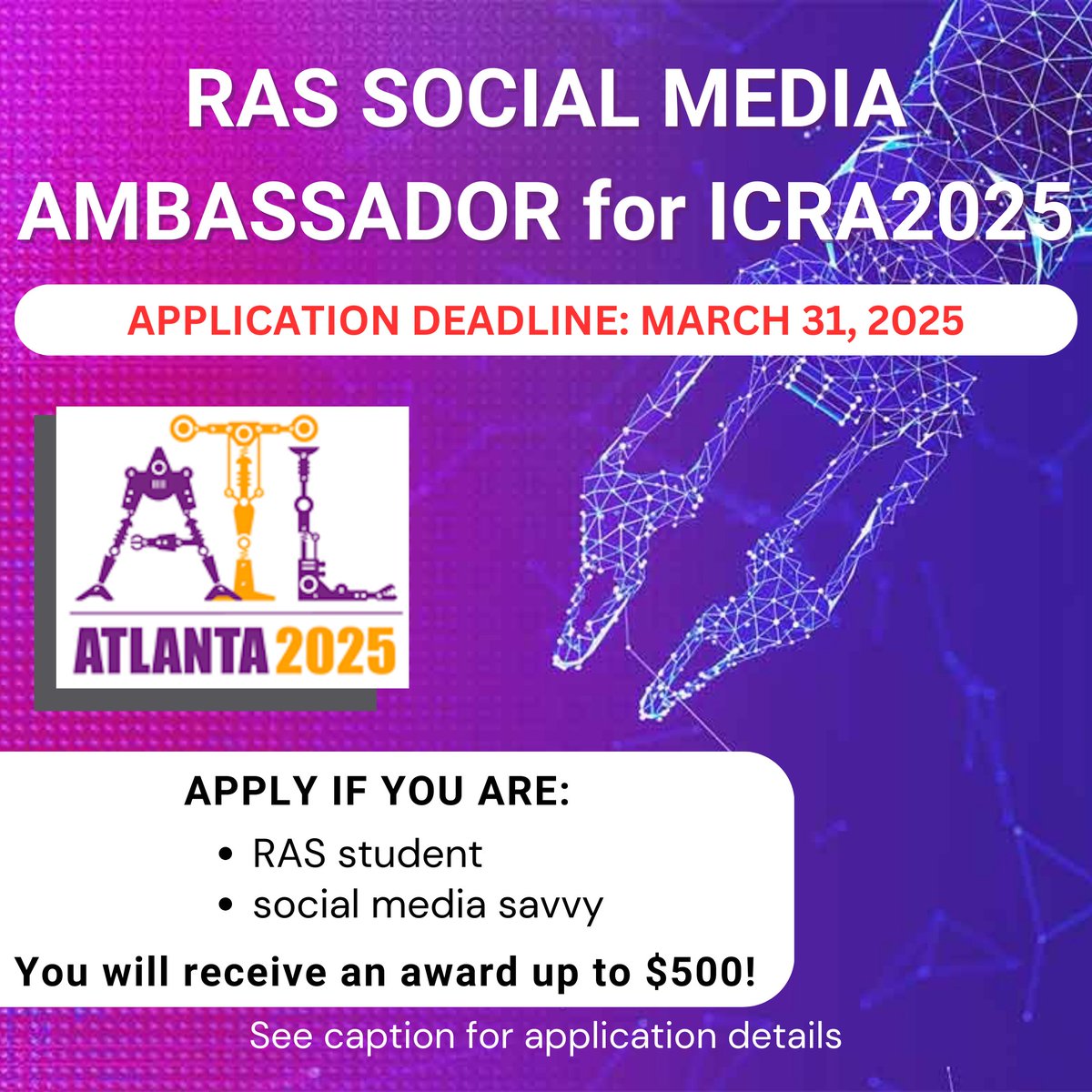 ICRA 2025 is two months away and we are looking for social media-savvy RAS students! If you are interested, apply now! Deadline is March 31, 2025

app.smartsheet.com/b/form/d9c823b…

#ieeeras #ieeerassac #robotics #automation #students