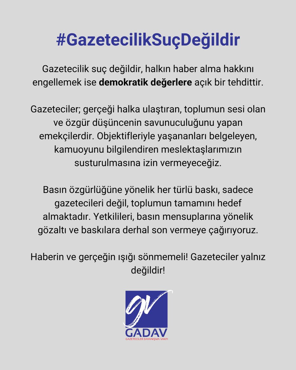 Basın özgürlüğüne yönelik her türlü baskı, sadece gazetecileri değil, toplumun tamamını hedef almaktadır. Yetkilileri, basın mensuplarına yönelik gözaltı ve baskılara derhal son vermeye çağırıyoruz.

Haberin ve gerçeğin ışığı sönmemeli! Gazeteciler yalnız değildir!