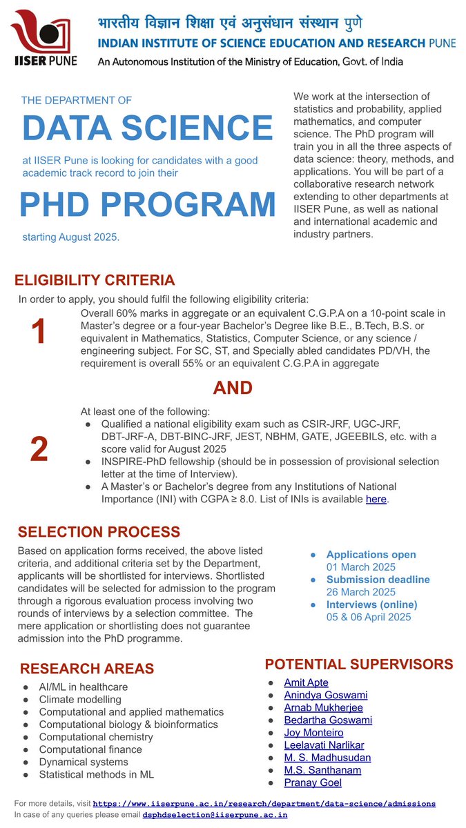 #Attention prospective applicants for #PhD programme in #DataScience at #IISERPune! Last date to submit your applications is tomorrow (March 26, 2025), 5 pm! 
iiserpune.ac.in/education/admi…