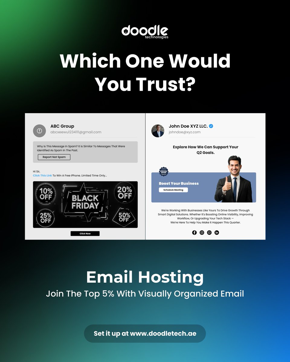 doodletechuae's tweet image. If your emails are coming from a generic ID, you&apos;re blending in — or worse, being ignored.
With #Doodletech’s #EmailHosting, your conversations start on the right foot: branded, trusted, and professionally delivered.
Set it up today at doodletech.ae/best-email-hos…
#B2B