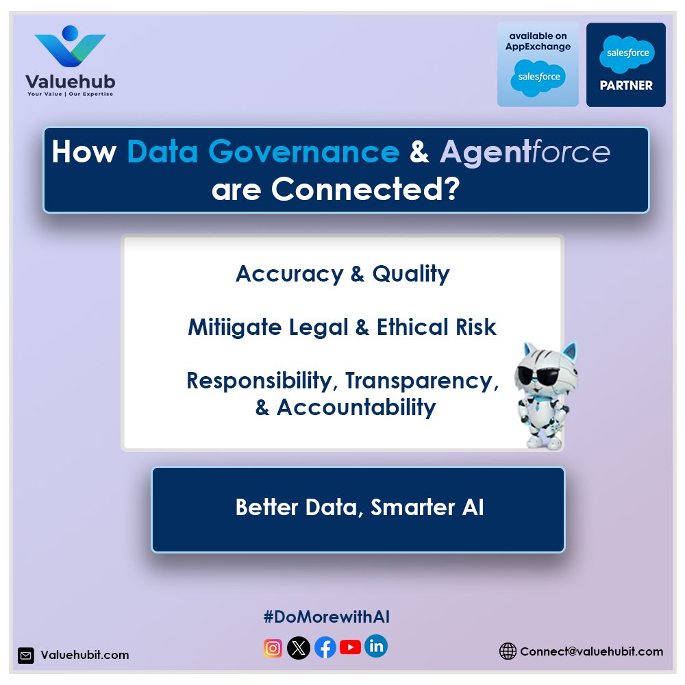 ValueHub_'s tweet photo. 🔍 Better Data, #SmarterAIforyou 🤖✨
#Agentforce thrives on quality data—not just quantity. 📊 With strong #datagovernance:
▶️ Accuracy
▶️ Security
▶️ Transparency
Paving the way for responsible and #powerfulAI 🚀
#Salesforce #sfpartner #DataGovernance #Domorewithai #valuehub https://t.co/7Q8AxMGKzH