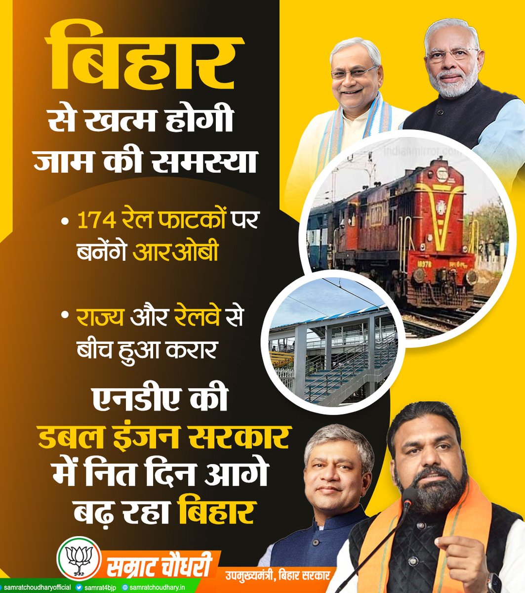 samrat4bjp's tweet photo. बिहार में जाम की समस्या से मिलेगा निदान!

डबल इंजन सरकार में बिहार और रेलवे से बीच राज्य के 174 रेल फाटकों पर आरओबी बनाने का करार हुआ है, जिससे जाम की समस्या से मुक्ति मिलेगी।

#RoadOverBridge #Railway #Bihar #NDAGovt #NitishKumar https://t.co/poyMMZmQXx