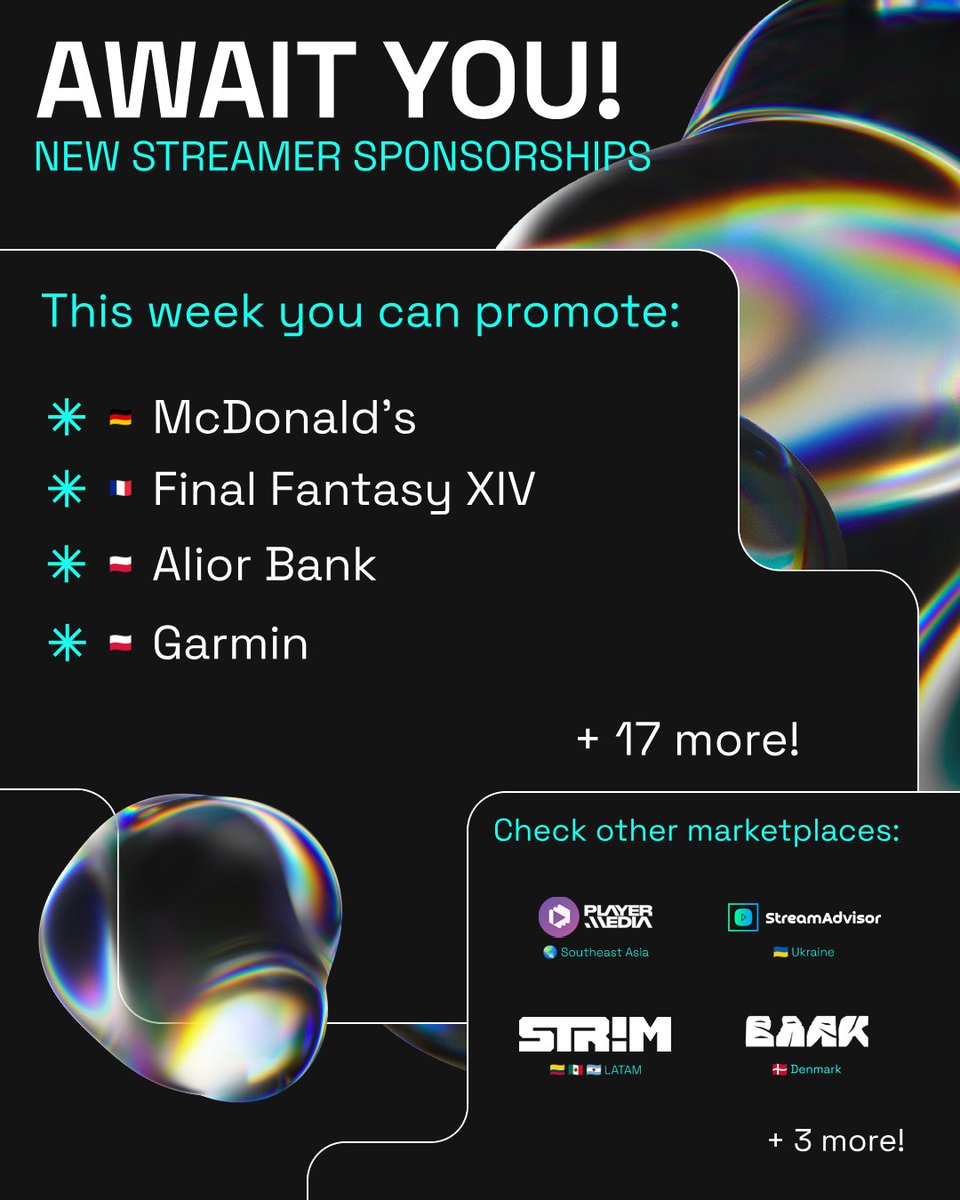 inStreamly (@instreamly) on Twitter photo New week, new sponsorships! 🔥
Step into legendary worlds, fuel up with a quick meal, manage your finances, or upgrade your gear ✨ There are even more opportunities with partners from the Philippines, Mexico, Ukraine & Denmark!
<a href="/McDonaldsDENews/">McDonald's Deutschland</a> <a href="/FF_XIV_EN/">FINAL FANTASY XIV</a> <a href="/AliorBankSA/">Alior Bank SA</a> <a href="/Garmin/">Garmin</a> New week, new sponsorships! 🔥
Step into legendary worlds, fuel up with a quick meal, manage your finances, or upgrade your gear ✨ There are even more opportunities with partners from the Philippines, Mexico, Ukraine & Denmark!
<a href="/McDonaldsDENews/">McDonald's Deutschland</a> <a href="/FF_XIV_EN/">FINAL FANTASY XIV</a> <a href="/AliorBankSA/">Alior Bank SA</a> <a href="/Garmin/">Garmin</a>