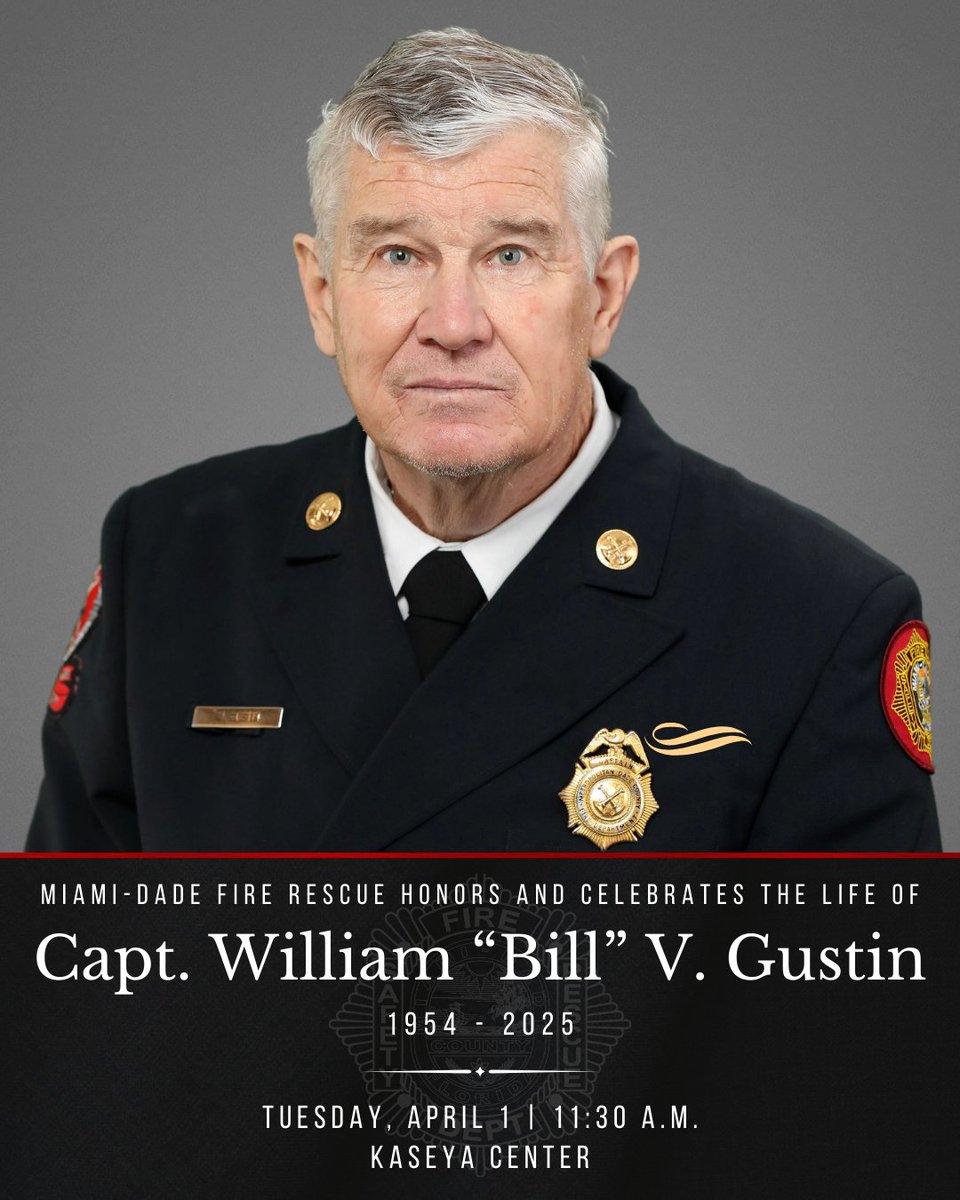 Join us on Tuesday, April 1, at 11:30 a.m. as we come together to honor and celebrate the life and legacy of #MDFR Capt. William “Bill” V. Gustin.

RSVP to the memorial service by visiting …FRCaptainGustinService.eventbrite.com