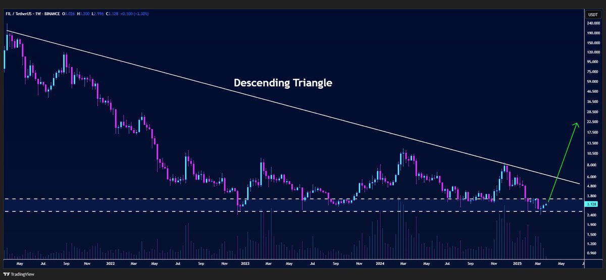#FIL/USDT is ready to bounce from the lower border of the descending triangle on the weekly chart🔍

More upside is likely🐃