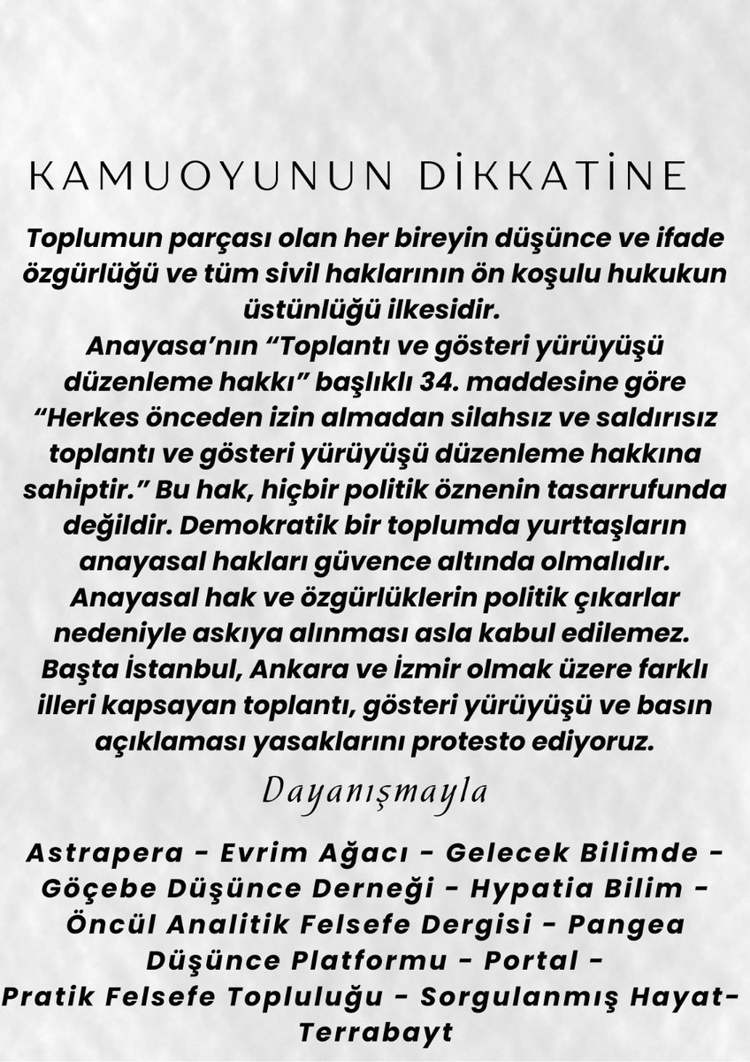 dokuz8haber (@dokuz8haber) on Twitter photo 🔴 Bilim ve felsefe platformlarından yasaklara ortak tepki:
“Büyükşehirler başta olmak üzere ülkemiz genelinde anayasal hak kapsamında gerçekleştirilen yürüyüş ve eylemlerin yasaklanmasını protesto ediyoruz.
Dayanışmayla”
#dokuz8/<a href="/HypatiaBilim/">Hypatia Bilim</a> 🔴 Bilim ve felsefe platformlarından yasaklara ortak tepki:
“Büyükşehirler başta olmak üzere ülkemiz genelinde anayasal hak kapsamında gerçekleştirilen yürüyüş ve eylemlerin yasaklanmasını protesto ediyoruz.
Dayanışmayla”
#dokuz8/<a href="/HypatiaBilim/">Hypatia Bilim</a>