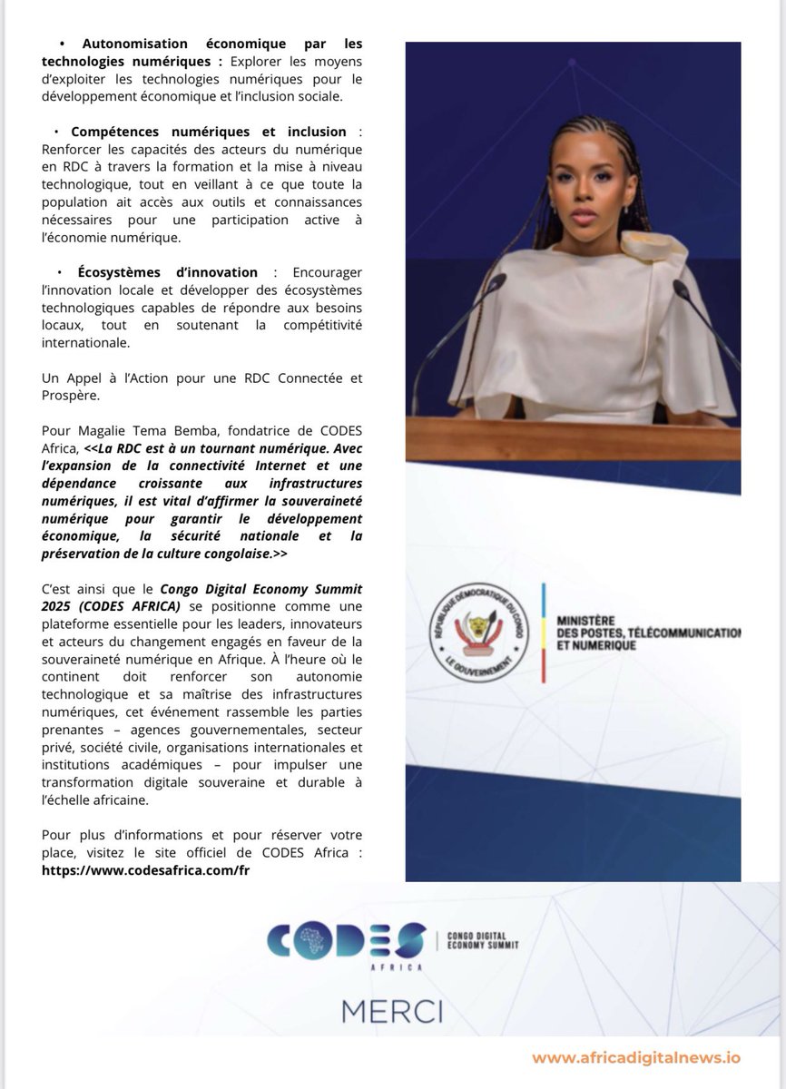 Africa Digital News (@africadiginews) on Twitter photo Congo Digital Economy Summit (CODES Africa) 2025 : Vers une RDC
#Numérique, #Souveraine et #Prospère.
Kinshasa, 18 juin 2025 – La capitale de la
République Démocratique du Congo se prépare àaccueillir le Congo Digital Economy Summit (#CODESAfrica)
<a href="/AdnRdc/">ADN PRESIDENCE RDC</a> <a href="/MagalieBemba/">Magalie Bemba</a> Congo Digital Economy Summit (CODES Africa) 2025 : Vers une RDC
#Numérique, #Souveraine et #Prospère.
Kinshasa, 18 juin 2025 – La capitale de la
République Démocratique du Congo se prépare àaccueillir le Congo Digital Economy Summit (#CODESAfrica)
<a href="/AdnRdc/">ADN PRESIDENCE RDC</a> <a href="/MagalieBemba/">Magalie Bemba</a>