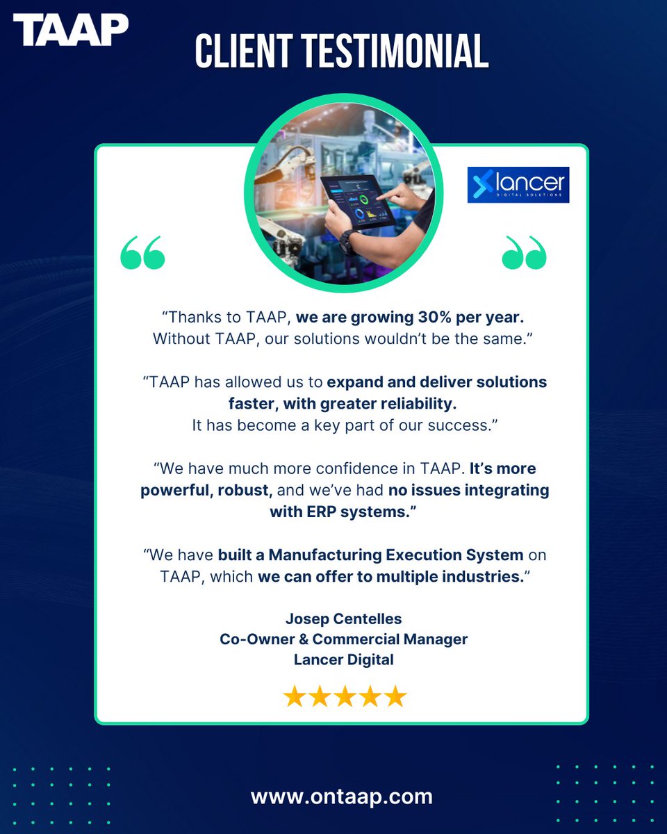 As Lancer Digital grew, so did the complexity of their clients’ requirements - real-time data, tailored ERP integration, and faster delivery.

“Thanks to TAAP, we are growing 30% per year.” - Josep Centelles, Co-Owner, Lancer Digital

Explore how, now: cstu.io/969575