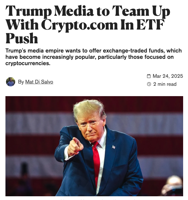 Tyler_Did_It's tweet photo. The Morning Minute (3.25)

⏰Top News:
-Crypto majors retrace after big Monday; BTC $87,500
-57% of US financial advisors plan to add to crypto ETFs
-Trump Media partners with Crypto dot com for ETF launches
-Trump’s World Liberty Fi launches stablecoin USD1 on Ethereum and BNB
-Mintify’s MINT token launches today; SHAPE soon

🌎 Macro Crypto and Memes
-Crypto majors are slightly red after a big Monday rally; BTC -1% at $87,400, ETH -1% at $2,070, XRP -1% at $2.45, SOL -1% at $142
-CRO (+25%), FORM (+15%), and BERA (+13%) led alts
-BERA (+13%) was a top mover after Berachain officially launched its Proof of Liquidity staking incentive system
-Bitcoin ETF inflows were green for the 7th straight session
-Saylor’s Strategy bought another 6,911 BTC ($584M) last week at an average of $84,529

-Trump Media has partnered with https://t.co/oFAQHmNcEg to offer crypto ETFs, to be live for trading on https://t.co/oFAQHmNcEg when available
-Trump’s World Liberty Fi launched a stablecoin USD1 on Ethereum and BNB, though not yet live for trading

-Circle’s USDC became the first stablecoin to be approved for use in Japan
-Kraken is working with Goldman Sachs and JPMorgan to raise up to $1B in a debt offering to support expansion
-BlackRock announced the launch of a Bitcoin ETP for Europe going live today
-Sam Altman’s World Network is in talks with Visa for a stablecoin payments wallet
-Crypto ETFs are gaining massive popularity with 57% of US Financial Advisors planning to add to Crypto ETFs this year

In Memes
-Memecoin leaders were very green with DOGE +5%, Shiba +3%, PEPE +5%, TRUMP -3%, BONK +3% & WIF -2%
-Pump Fun’s PumpSwap DEX saw $538M in volume in the past day, 25% more than Raydium and 3rd overall across DeFi

💰 Token, Airdrop & Protocol Tracker
-Polymarket enabled Solana deposits for the first time (though trading is still on Polygon)
-Mintify’s $MINT token launches later today with 14.85% of the tokens allocated for a user airdrop
-Shape L2 teased plans for its $SHAPE airdrop claim coming soon
-Movement announced plans for a $38M buyback of its MOVE tokens after Binance investigated one of its market makers
-Arbitrum DAO is considering a ‘Gaming Catalyst Program’ proposal with 225M ARB tokens ($88M) in potential funding

🤖 AI x Crypto
-Overall market cap was up 1% to $7B, leaders mostly chopped
-VIRTUAL (+1%), FARTCOIN (-3%), ai16z (even), ACT (-1%), and FAI (+1%)
-AGIXT (+55%) was a notable top mover
-FARTCOIN led mindshare; ALCH, FET and MOBY were top mindshare gainers
-ai16z announced an imminent upgrade to ElizaOS v2 with cross platform agents, autonomous workflows, evolving intelligence and more

🚚 What is happening in NFTs?
-ETH NFT leaders are mostly green with Punks leading; Punks +5% at 42 ETH, Pudgy -3% at 10.25, BAYC even at 13.45 ETH
-CryptoPunks were swept up to 42 ETH ($87,000) along with a 115 ETH Hoodie sale
-Seedworld Vanguards (+36%) and One Gravity (+25%) led top movers

-BTC NFT leaders were mixed with Bitcoin Puppets +3%, NodeMonkes +2%, OMB -1%, Quantum Cats -20%
-Abstract NFTs were mostly green with RUYUI (+12%) leading movers