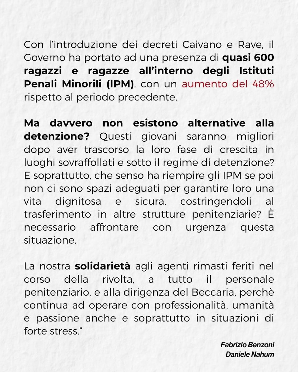 Quello che è successo ieri nell’IPM Cesare Beccaria di Milano è l’urlo di un sistema penale minorile che è al collasso. 

Le numerose presenze (quasi 600) di #minori detenuti stanno portando a decisioni di trasferimento che interrompono legami e percorsi, mettendo a rischio il