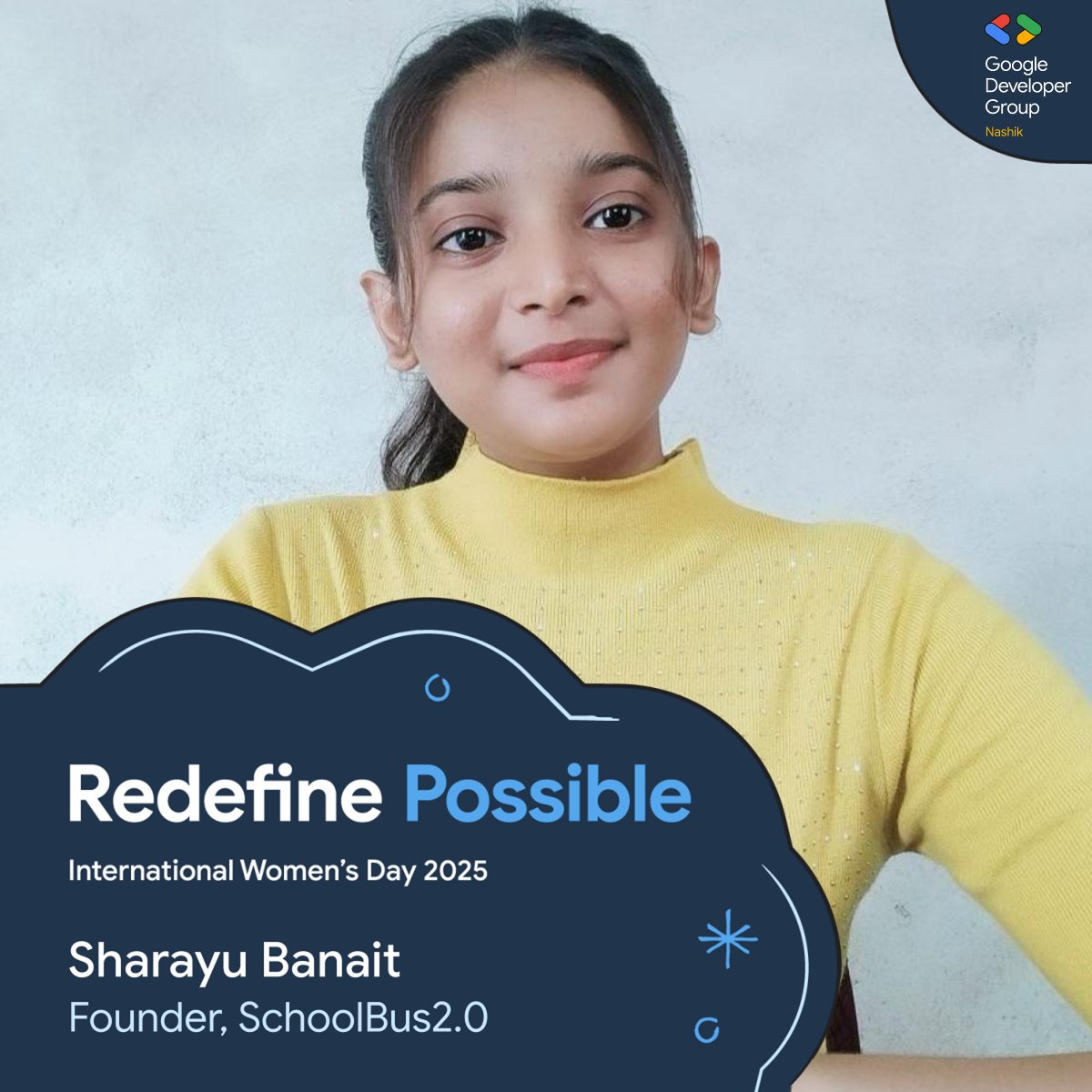 Excited to have Sharayu Banait joining us at #IWDNashik2025! Get ready for inspiring insights from a true trailblazer. 💡🚀

🗓️ Date: 29 March 2025 (Saturday)  
⏰ Time: 9 AM to 2 PM 
👥 RSVP: lnkd.in/dVBmjerB
<a href="/GDGIndia/">Google Developer Groups India</a> <a href="/WomenTechmakers/">Women Techmakers</a>
#RedefinePossible #GDGNashik #WTM
