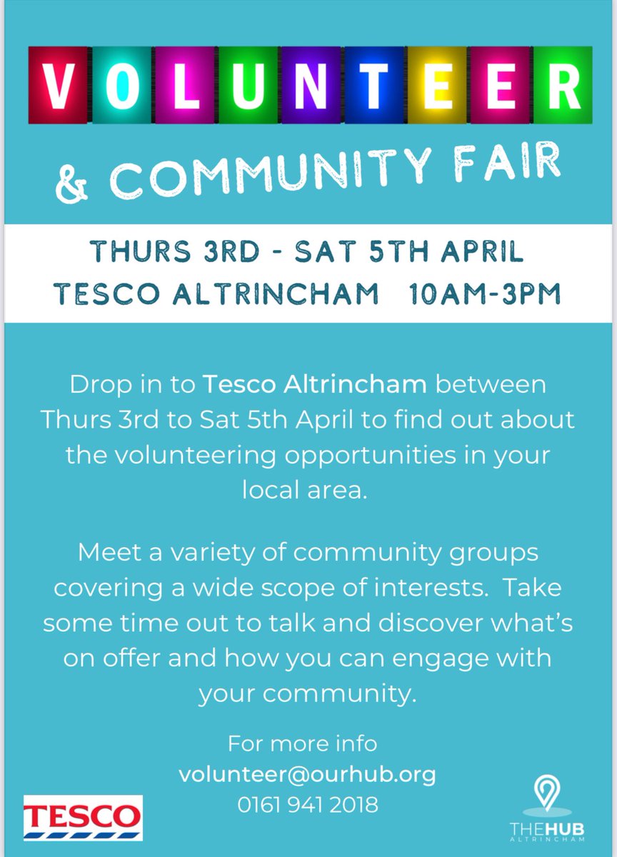 Fancy doing something satisfying that benefits your community and others? Come along to Tesco in Altrincham on April 3rd, 4th and 5th to meet a variety of organisations you can volunteer with and forge new connections.