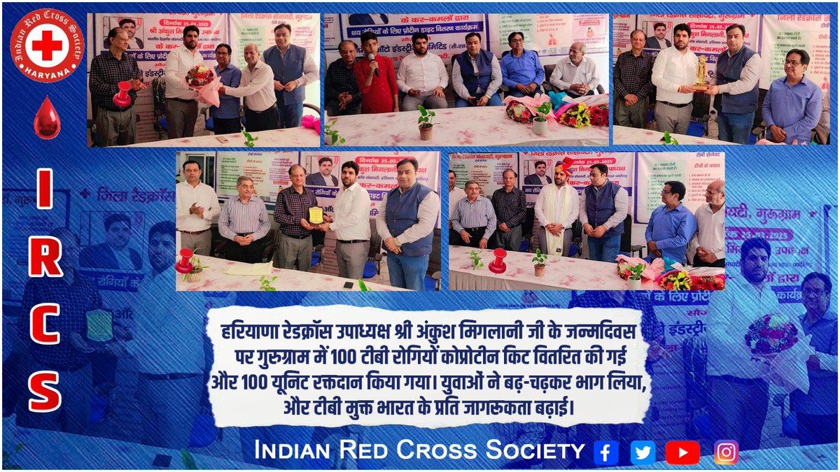 RedHaryana's tweet photo. हरियाणा रेडक्रॉस उपाध्यक्ष श्री अंकुश मिगलानी जी के जन्मदिवस पर गुरुग्राम में 100 टीबी रोगियों को प्रोटीन किट वितरित की गई और 100 यूनिट रक्तदान किया गया। युवाओं ने बढ़-चढ़कर भाग लिया, और टीबी मुक्त भारत के प्रति जागरूकता बढ़ाई।
#redcrossindia #ankushmiglani #redcrossharyana https://t.co/4dhOmhLgW6