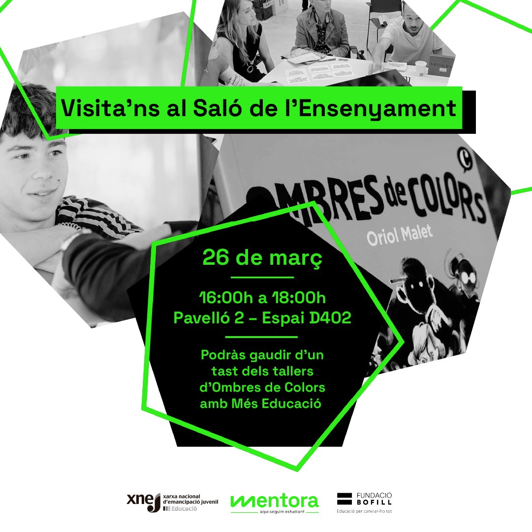 Laura Cardús i Font (@cardus_laura) on Twitter photo 👋Demà dimecres 26 a les 16h serem al Pavelló 2 del <a href="/saloensenyament/">Saló Ensenyament</a> amb <a href="/mesEduCoop/">+Educació Cooperativa</a>, per cortesia de la <a href="/xarxa_xnej/">XNEJ</a>, per presentar Mentora amb tots els seus recursos i els tallers Ombres de Colors a joves, famílies i professionals que ens vulgueu visitar!
Ens veiem al Saló! 👋Demà dimecres 26 a les 16h serem al Pavelló 2 del <a href="/saloensenyament/">Saló Ensenyament</a> amb <a href="/mesEduCoop/">+Educació Cooperativa</a>, per cortesia de la <a href="/xarxa_xnej/">XNEJ</a>, per presentar Mentora amb tots els seus recursos i els tallers Ombres de Colors a joves, famílies i professionals que ens vulgueu visitar!
Ens veiem al Saló!