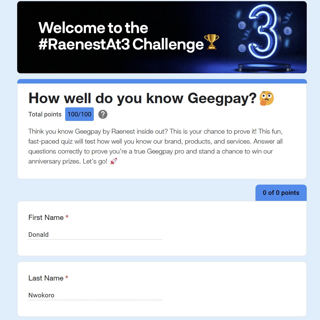 I just aced the @geegpay_hq  quiz with a perfect score! 🎉 Celebrating #RaenestAt3 with this achievement. Join the fun and test your knowledge about Geegpay by Raenest here: geegpay.africa/blog/raenest-a…