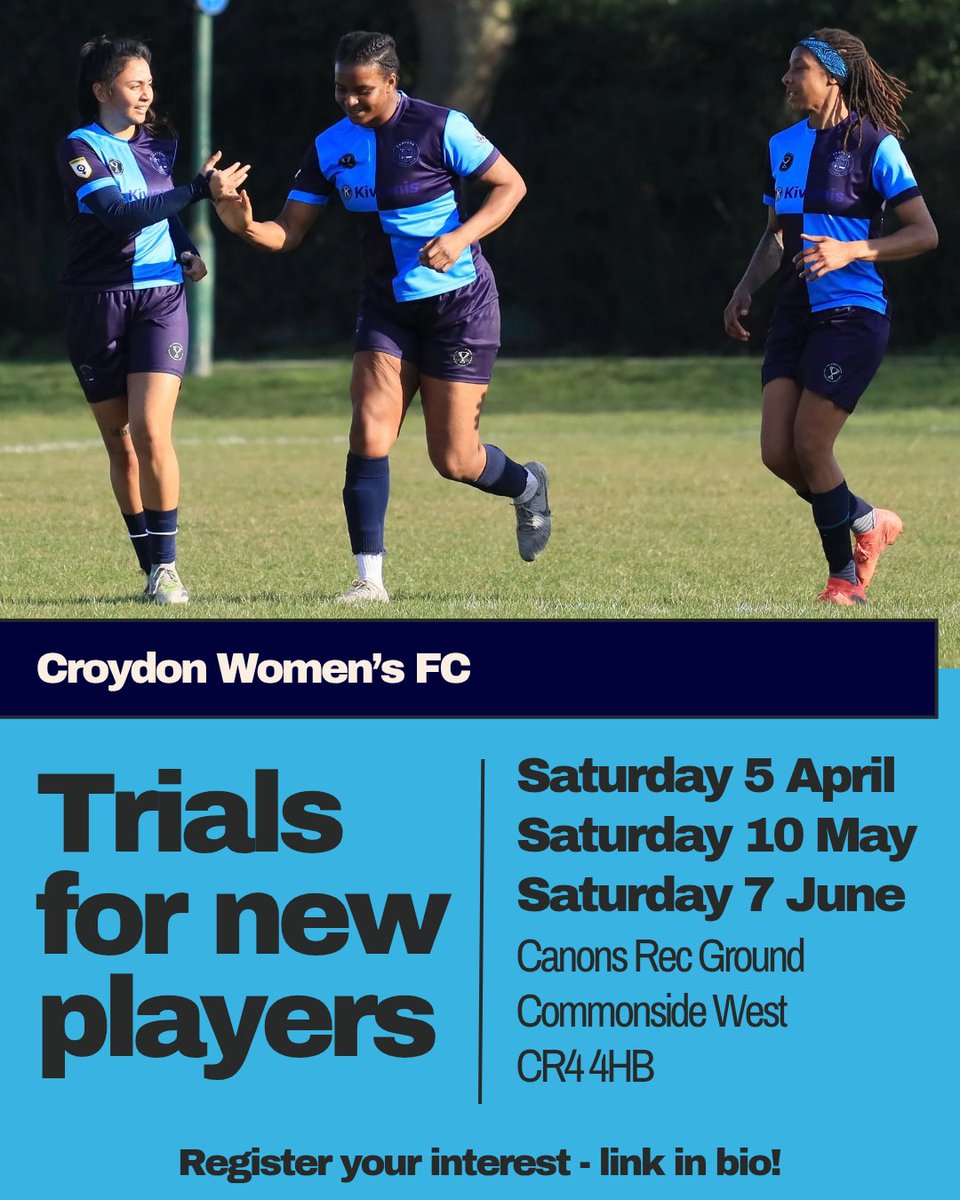 🚨JOIN THE TRAMS!🚨

Our trials for new players begin in April! If you are interested in joining our First team or Development team, sign up at the link below to attend our trials. All sessions start at 2pm and take place at Canons Rec Ground. 

👇
forms.office.com/r/JW0kbZLCFt