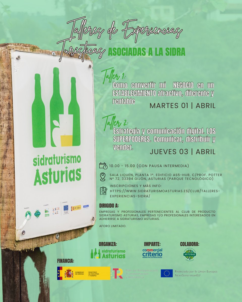 🎯 ¿Eres del sector sidrero o turístico?
📣 ¡ Contamos con dos formaciones para impulsar tu negocio con <a href="/SidraturismoAst/">Sidraturismo Asturias</a> !
📍 Gijón | 1 y 3 abril | 10.00 -15.00h
📝 ➕ info👇 sidraturismoasturias.es/club/talleres-…