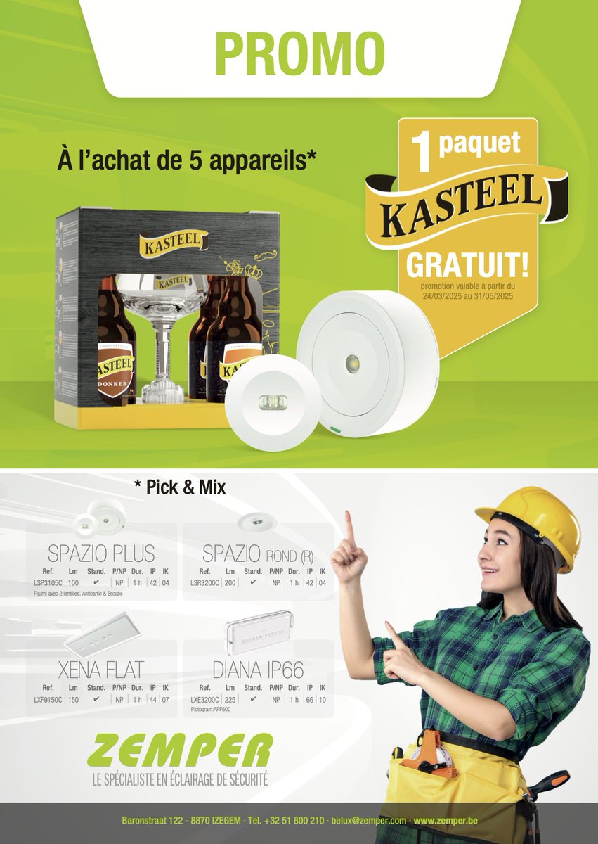 ✨ Offre Spéciale Zemper Belux avec Cebeo ! ✨

Du 24 mars au 31 mai, profitez d’une promo exclusive sur nos luminaires Spazio Plus, Spazio R, Xena Flat et Diana IP66.

📢 Pour l’achat de 5 luminaires, recevez un pack de bières Kasteel en cadeau ! 🍻