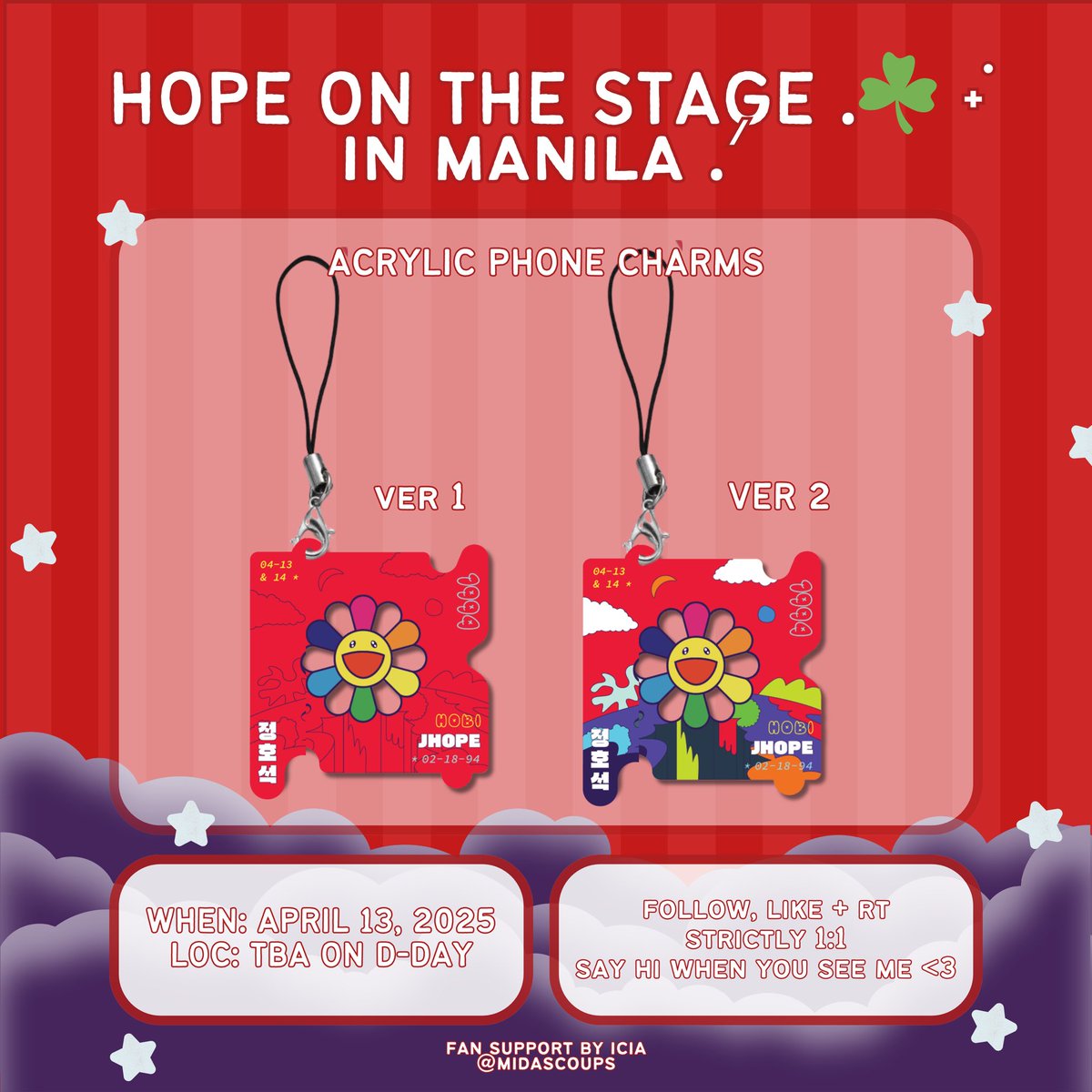 fan support project by <a href="/midascoups/">icia 🍒</a> for HOTS MANILA.ᐟ ✮⋆˙

when: april 13, 2025
loc: tba on d-day

to claim:
.☘︎ ݁˖ mbf, like, &amp; rt
.☘︎ ݁˖ limited qty— strictly 1:1
.☘︎ ݁˖ say hi when you see me .ᐟ
.☘︎ ݁˖ open for trades— vvv limited

see you guys 🥹🍀