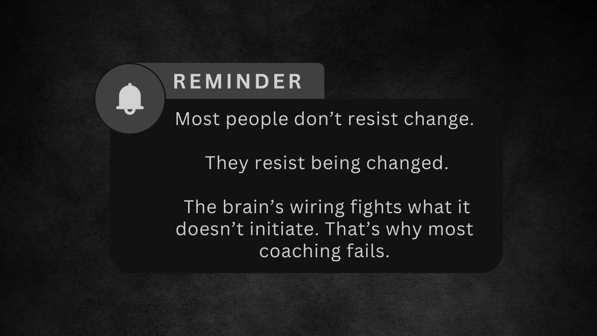 DrKevinFleming's tweet image. Most people don’t resist change.

They resist being changed.

The brain’s wiring fights what it doesn’t initiate. That’s why most coaching fails.

#Neuroscience #BehaviorChange