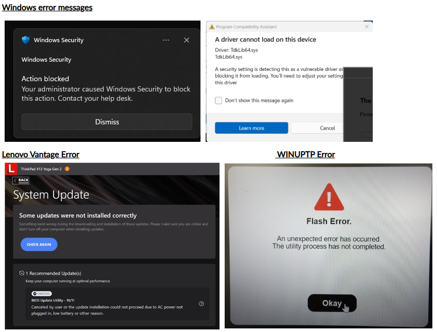 ⚠️ Lenovo BIOS Update may fail to update the BIOS and display errors when using Lenovo Vantage or the BIOS Update Utility

❓ Microsoft made a change that blocks the WinFlash64.exe from executing properly

pcsupport.lenovo.com/us/en/products…