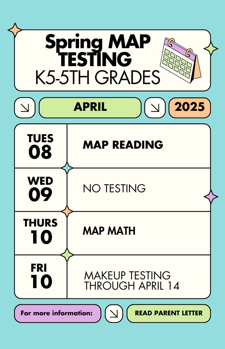 We are getting ready for MAP testing the first full of April and SC Ready at the end of April through the first couple of weeks in May. Kindergarten will take MAP for the first time on their iPads! Please help us with getting your child(ren) to school on time  for these dates
