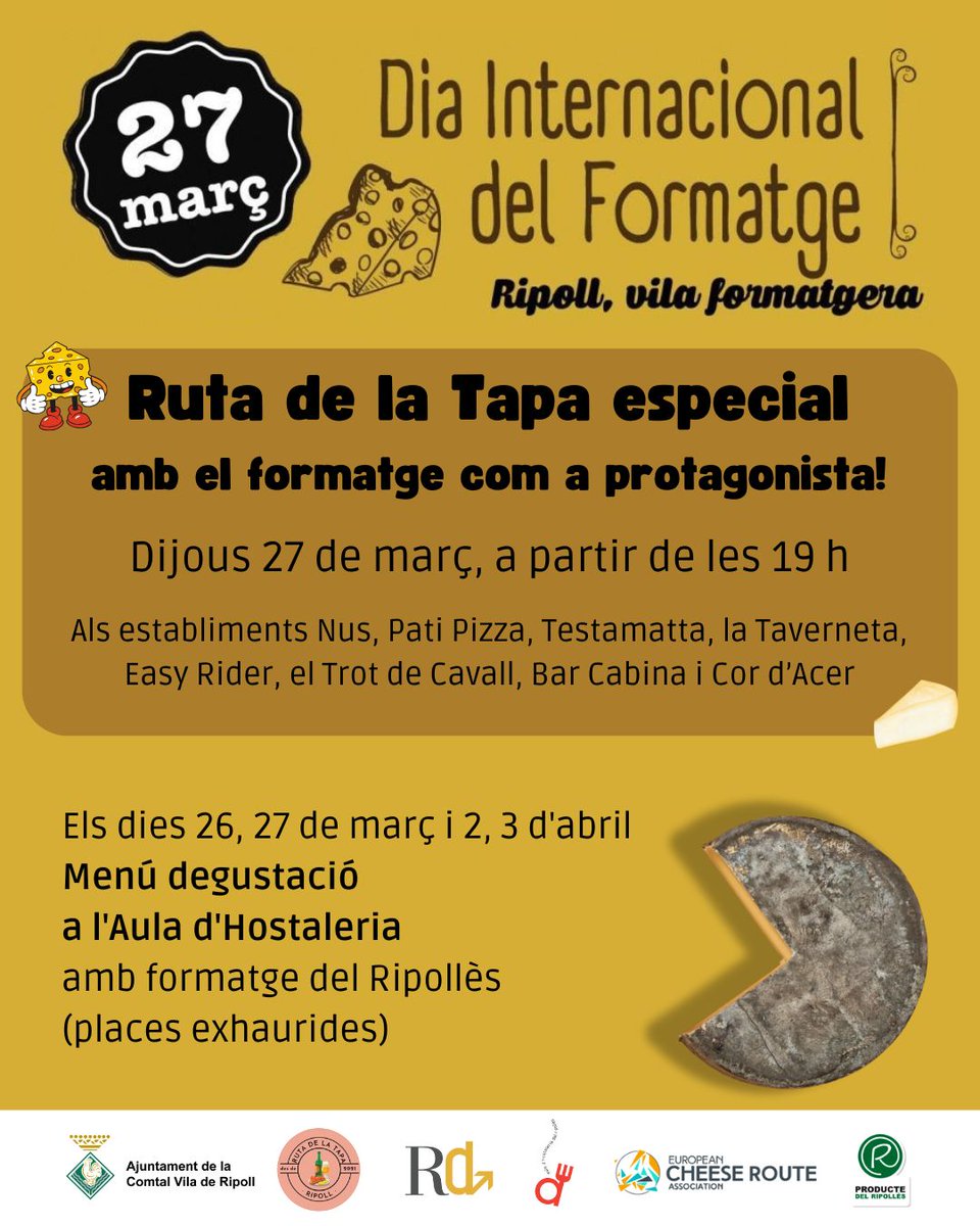 🧀 Com a vila formatgera que som, a #Ripoll celebrem aquest dijous 27 de març del Dia Internacional del #Formatge!

Us animem a gaudir de la Ruta de la Tapa especial a partir de les 19 h.

També es fa menú especial a l'Aula d'Hostaleria (places exhaurides).