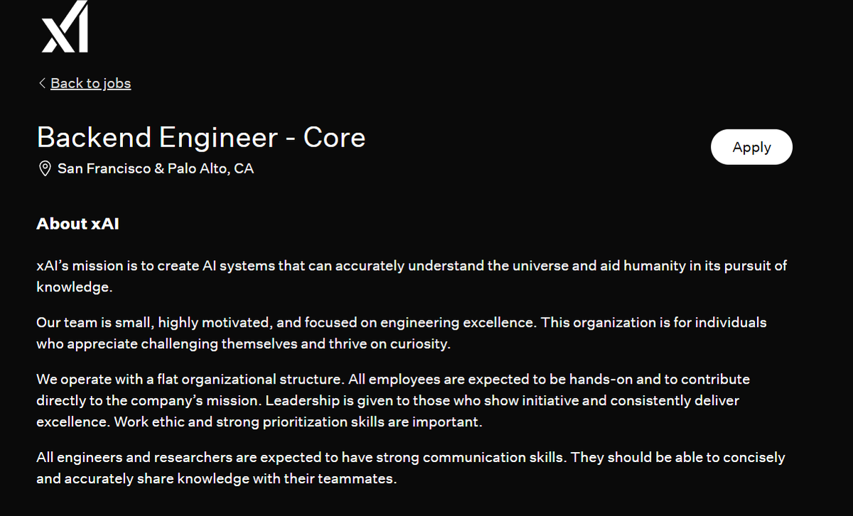 MarioNawfal's tweet photo. 🚨xAI IS HIRING—BACKEND ENGINEERS WANTED TO POWER GROK AND BUILD THE FUTURE OF AI

xAI is hiring elite backend engineers to keep Grok fast, reliable, and ready for global scale.

Work directly with the best—building high-performance Rust microservices to support Elon’s AI models and products.

If you’re fluent in Rust, Python, and Kubernetes—and ready to push the limits of AI—this is your shot to join Elon’s team.

Source: xAI
