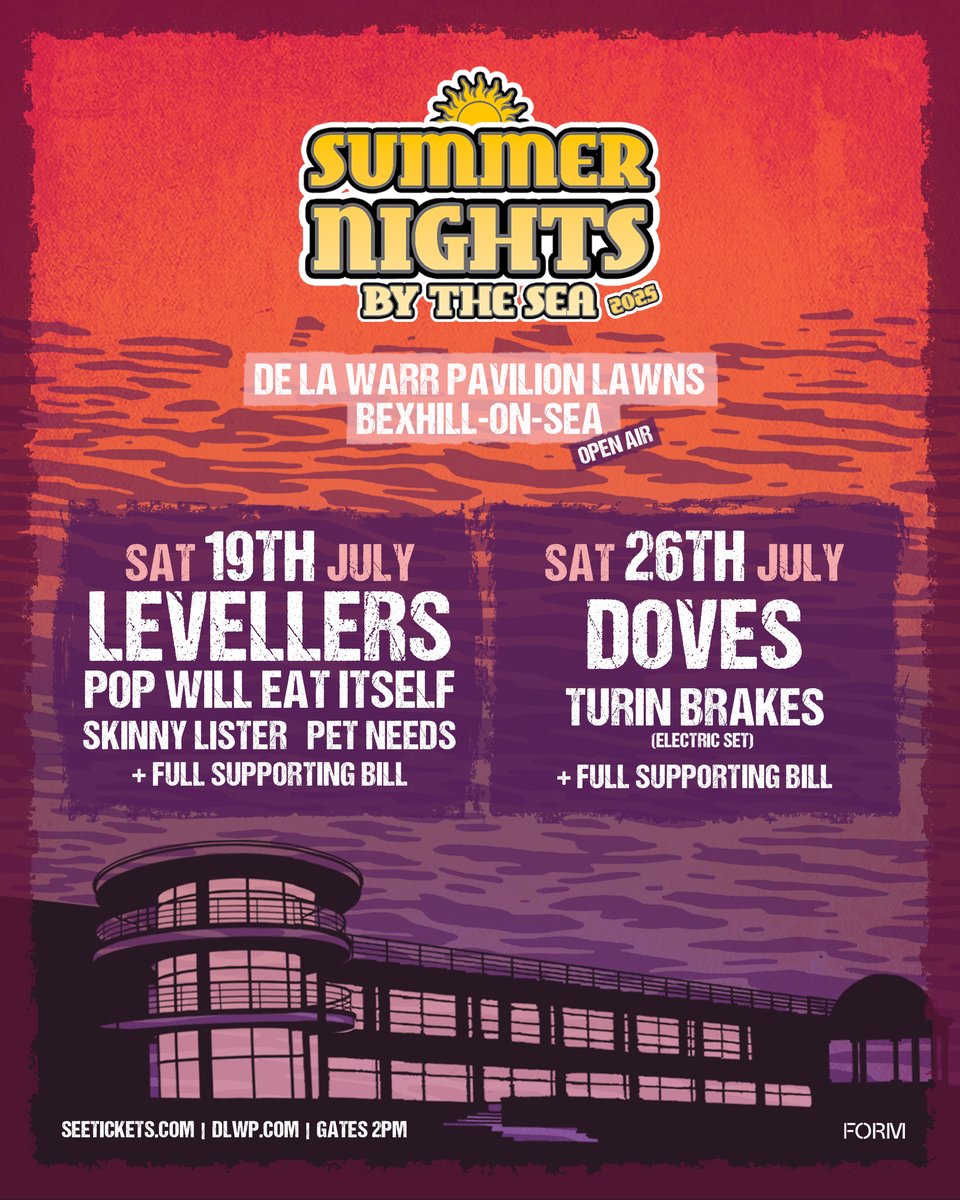 SummernightsBOS's tweet photo. Excited to announce our new open air event series on the stunning Pavilion Lawns overlooking the sea at @dlwp! Joined by headliners, local legends @the_levellers for their first electric set on the South-Coast in years, and indie-rock royalty DOVES for their debut in Bexhill! https://t.co/YQDu53knth