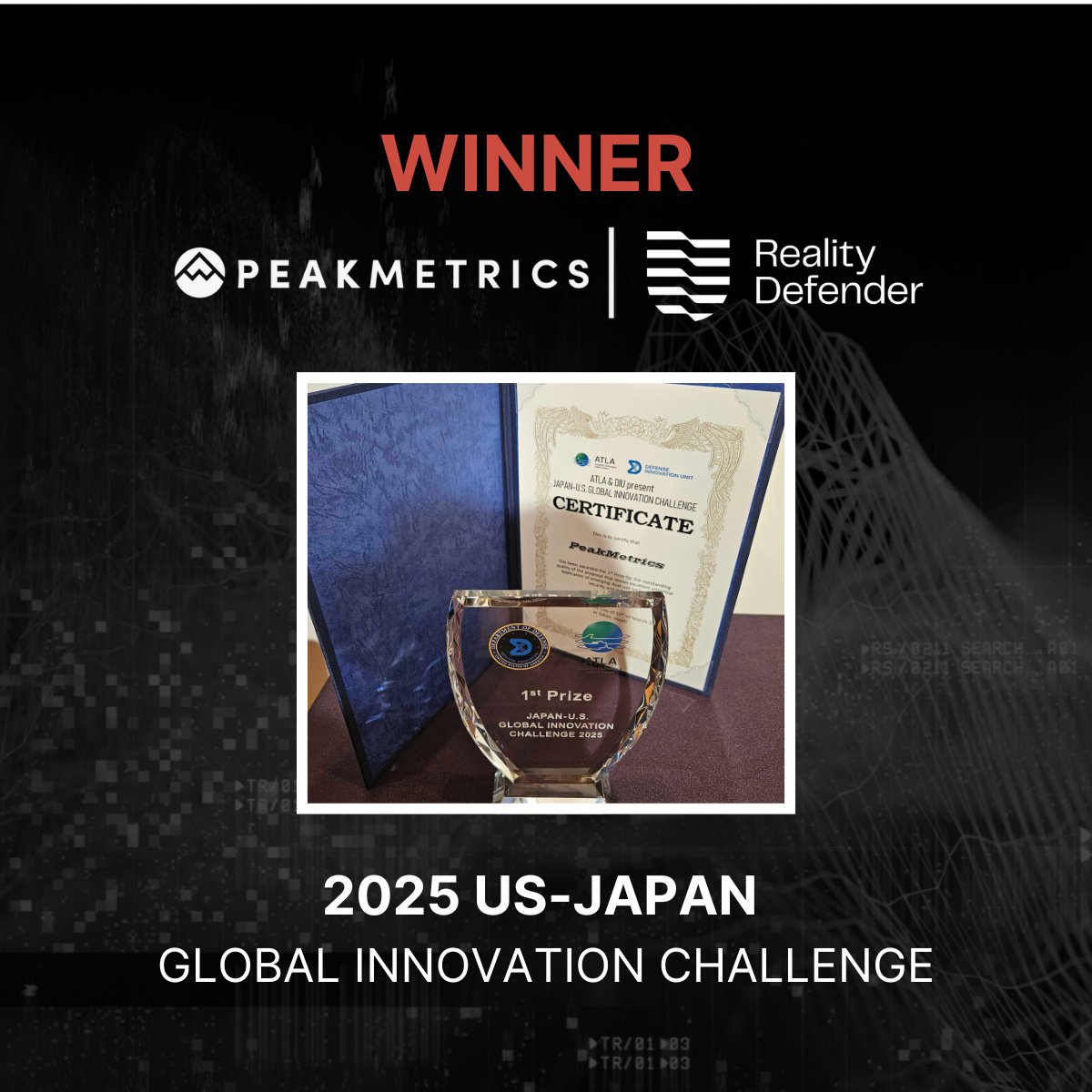 PeakMetrics ⛰ (@peakmetricsapp) on Twitter photo 🎉 Big News!
PeakMetrics and Reality Defender have been named the winner of the 2025 Defense Innovation Unit (DIU) X ATLA US-Japan Global Innovation Challenge!
globenewswire.com/news-release/2… <a href="/DetectDeepfakes/">Reality Defender</a> 🎉 Big News!
PeakMetrics and Reality Defender have been named the winner of the 2025 Defense Innovation Unit (DIU) X ATLA US-Japan Global Innovation Challenge!
globenewswire.com/news-release/2… <a href="/DetectDeepfakes/">Reality Defender</a>