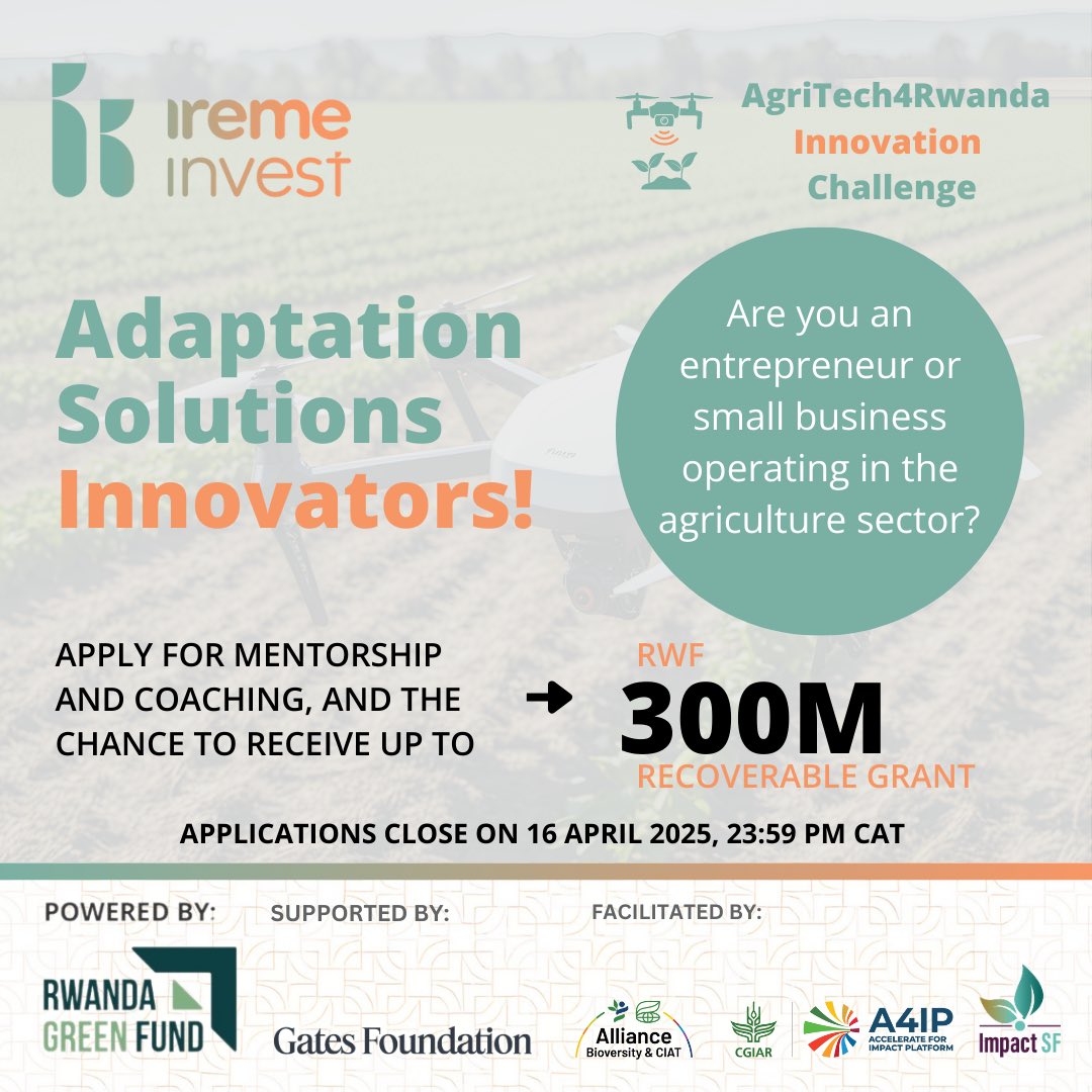 Rwanda Green Fund (@greenfundrw) on Twitter photo In partnership with <a href="/BiovIntCIAT_eng/">Alliance of Bioversity International and CIAT</a> and <a href="/gatesfoundation/">Gates Foundation</a>, <a href="/IremeInvest/">Ireme Invest</a> is offering tailored support to adaptation solutions in the agriculture sector, to enhance the businesses' solutions.
Apply now: greenfund.rw/ireme-invest/
#GreenRwanda 🇷🇼🌿 | #InvestInRwanda In partnership with <a href="/BiovIntCIAT_eng/">Alliance of Bioversity International and CIAT</a> and <a href="/gatesfoundation/">Gates Foundation</a>, <a href="/IremeInvest/">Ireme Invest</a> is offering tailored support to adaptation solutions in the agriculture sector, to enhance the businesses' solutions.
Apply now: greenfund.rw/ireme-invest/
#GreenRwanda 🇷🇼🌿 | #InvestInRwanda
