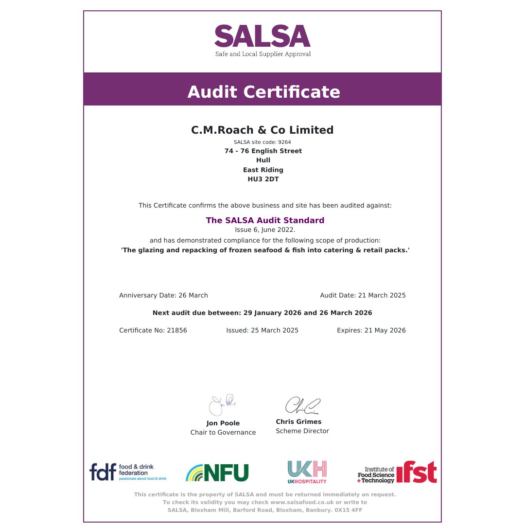 CoRoach's tweet photo. We’re thrilled to announce that we’ve received our annual SALSA accreditation! 🎉 This is a testament to our commitment to quality and food safety. 🐟 #QualityMatters #SALSAAccreditation #cmroach #frozenseafood #eastyorkshire https://t.co/gMuRR5T3aV