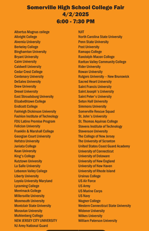Somerville High School (@somervillehsnj) on Twitter photo Join us for the SHS College and Career Fair! 
📅 Date: April 2nd  
🕕 Time: 6:00 PM  
🏫 Location: SHS Gymnasium  
Meet representatives from NJ schools, nearby colleges, trade schools, and military branches. Get valuable information about their programs.  Don't miss it! Join us for the SHS College and Career Fair! 
📅 Date: April 2nd  
🕕 Time: 6:00 PM  
🏫 Location: SHS Gymnasium  
Meet representatives from NJ schools, nearby colleges, trade schools, and military branches. Get valuable information about their programs.  Don't miss it!