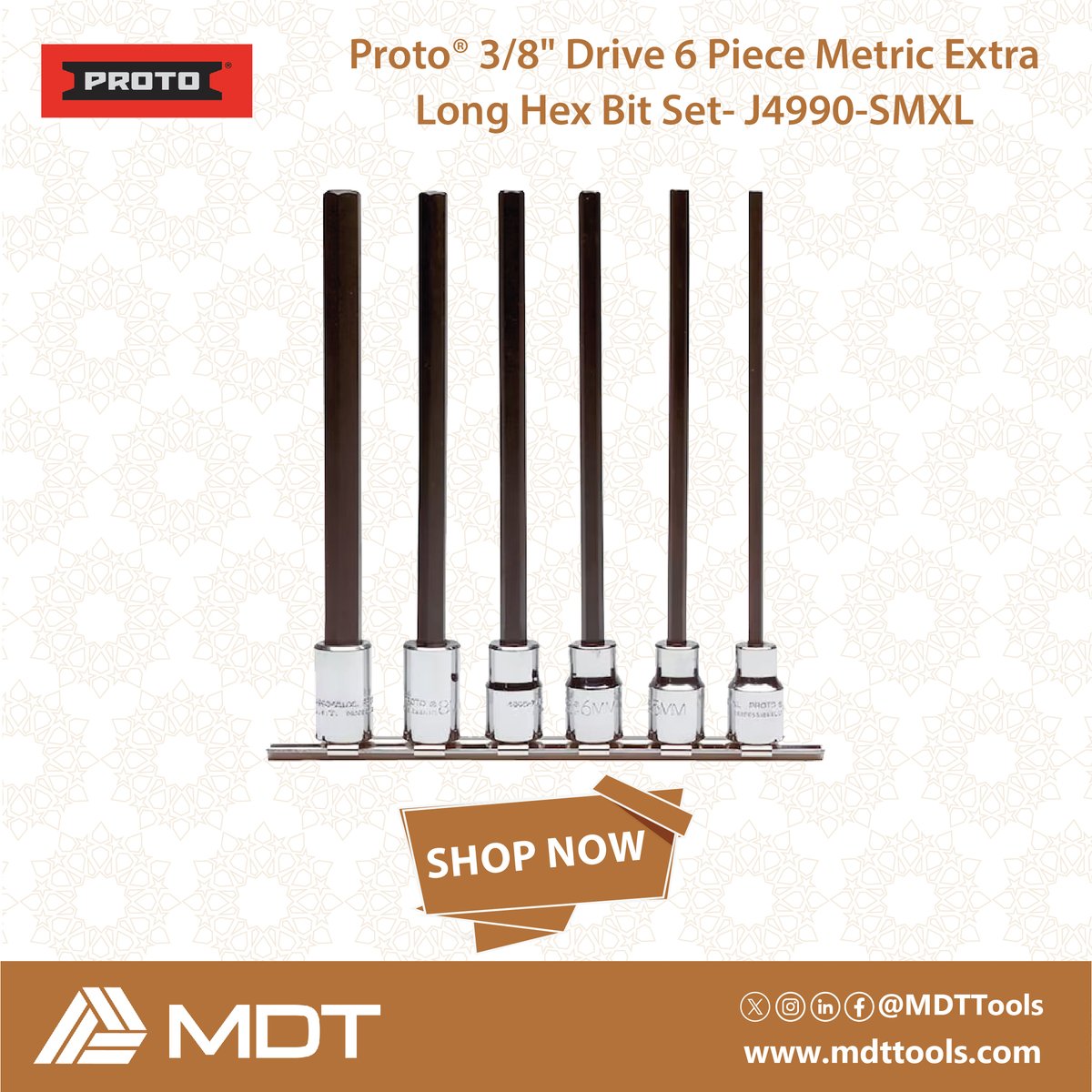 MdtTools's tweet image. Proto® 3/8" Drive 6 Piece Metric Extra Long Hex Bit Set - J4990-SMXL

PROTO Socket Bit Set: 3/8 in Drive Size 6 Pieces 4 mm to 10 mm Range of Tip Sizes Metric

#Proto #ProtoTools #HexBitSet #MDTTools #HandTools #PowerTools #IndustrialTools #HardwareTools

mdttools.com
