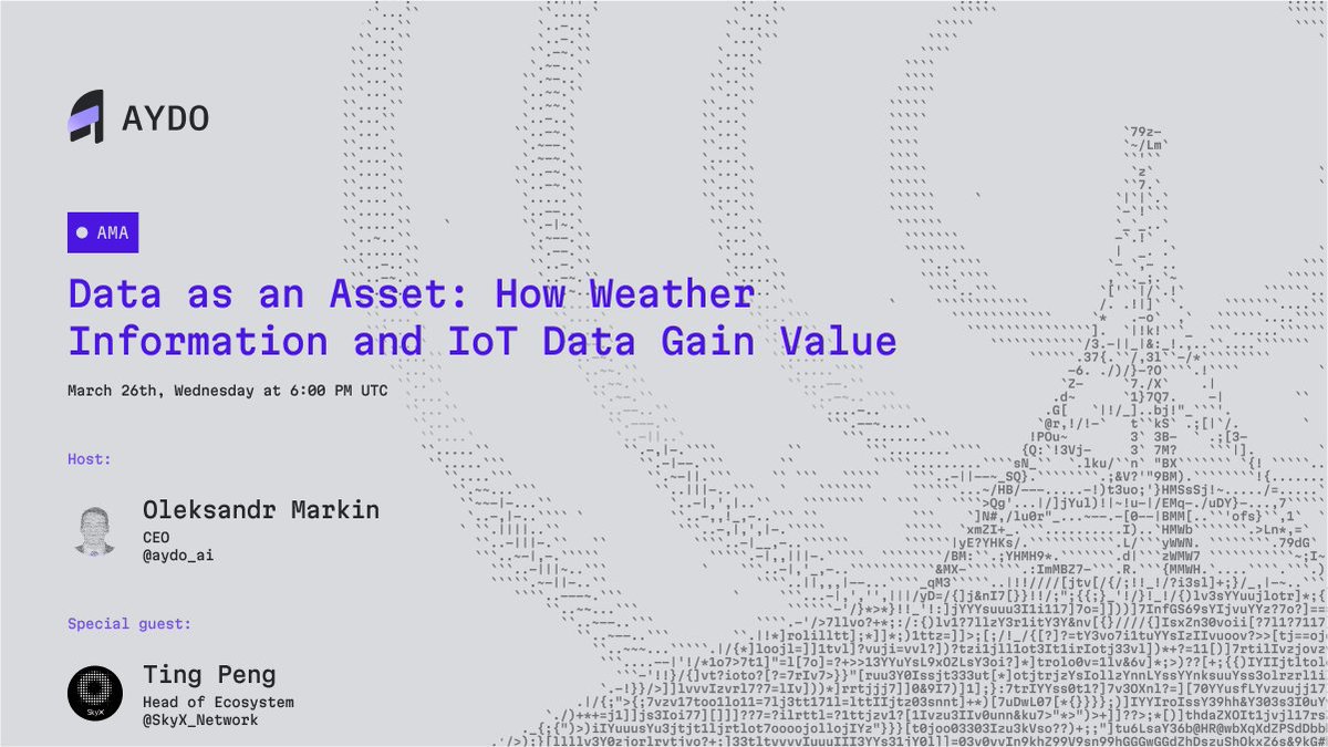 AMA Session: AYDO &amp; SkyX

Topic: “Data as an Asset: How Weather Information and IoT Data Gain Value”

Set your reminders: x.com/i/spaces/1gqxv…

When: March 26th at 6 PM UTC

Special Guest:
<a href="/tingblockchain/">TING</a>, Head of Ecosystem <a href="/SkyX_Network/">SkyX</a>

Moderator:
@markinlink, CEO <a href="/AYDO_AI/">AYDO</a>