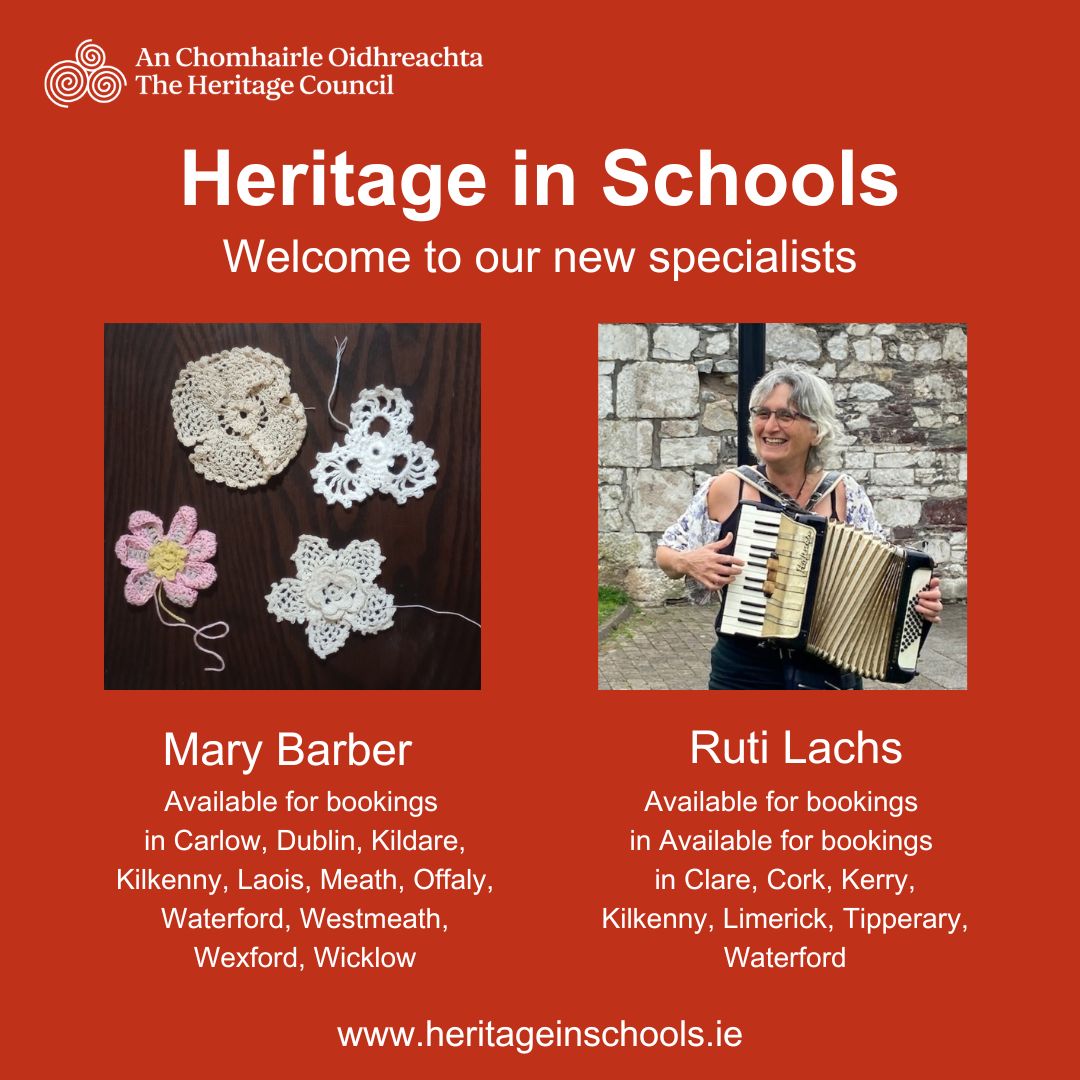 Welcoming New Heritage Specialists to the Heritage in Schools Programme!

We’re delighted to introduce the next two specialists joining our Heritage in Schools Programme this year: Mary Barber and Ruti Lachs!

Mary Barber – Delve into the world of Irish crochet lace with Mary, a